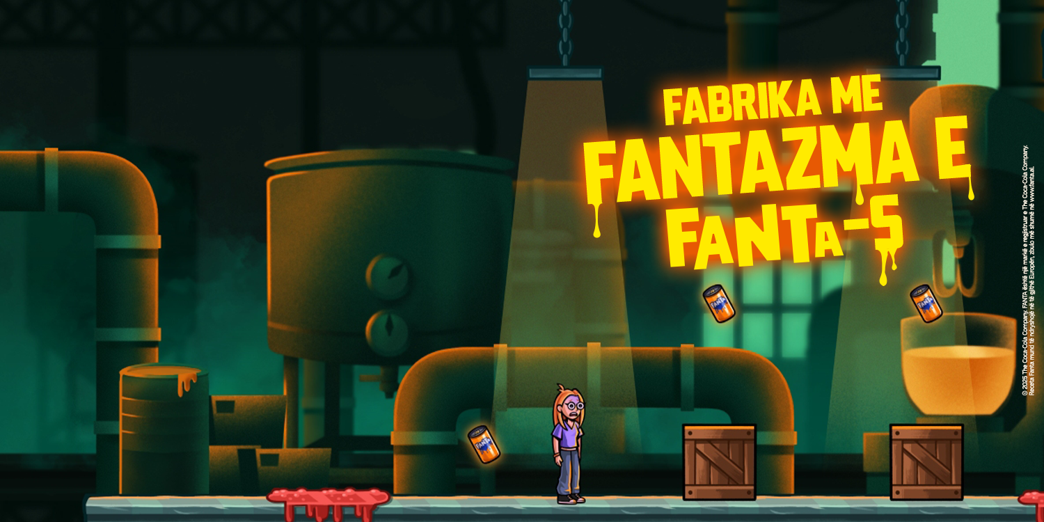 Vajzë cartoon që ecën nëpër fabrikën me fantazma të Fanta