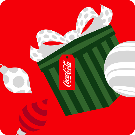 Kuti dhuratë jeshile me fjongo të bardhë dhe etiketë Coca-Cola mbi sfond të kuq festiv.