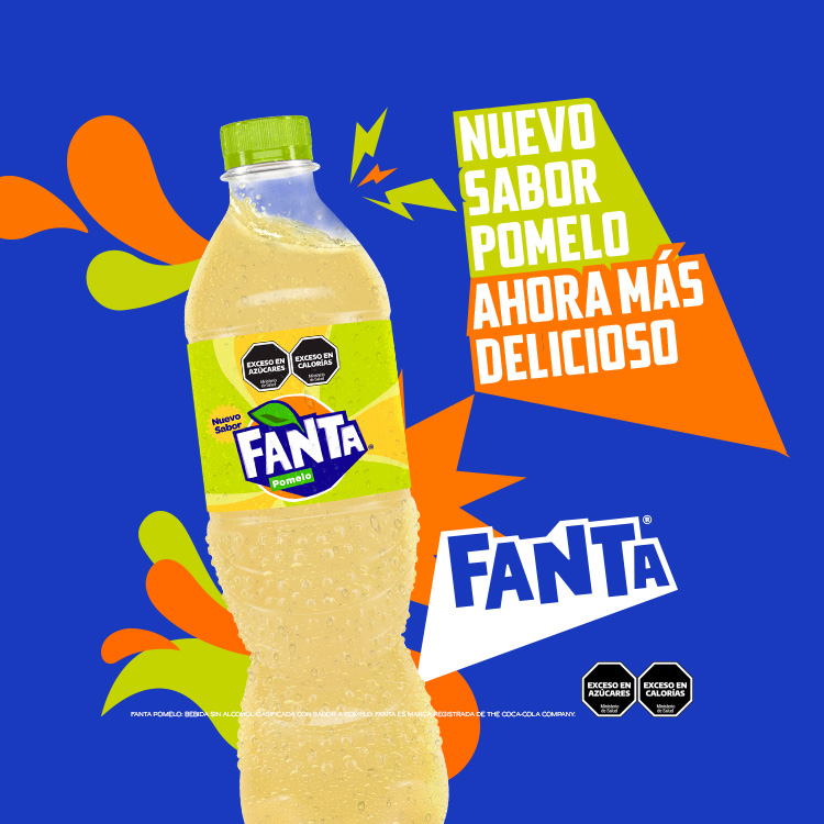 Botella de Fanta sabor pomelo con el texto 'Nuevo sabor pomelo ahora más delicioso' sobre un fondo azul vibrante con elementos gráficos naranjas y verdes.