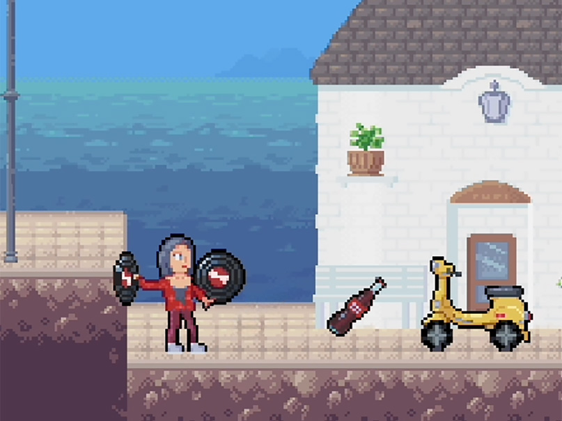 Imagen de juego con personaje sosteniendo discos y una scooter amarilla.