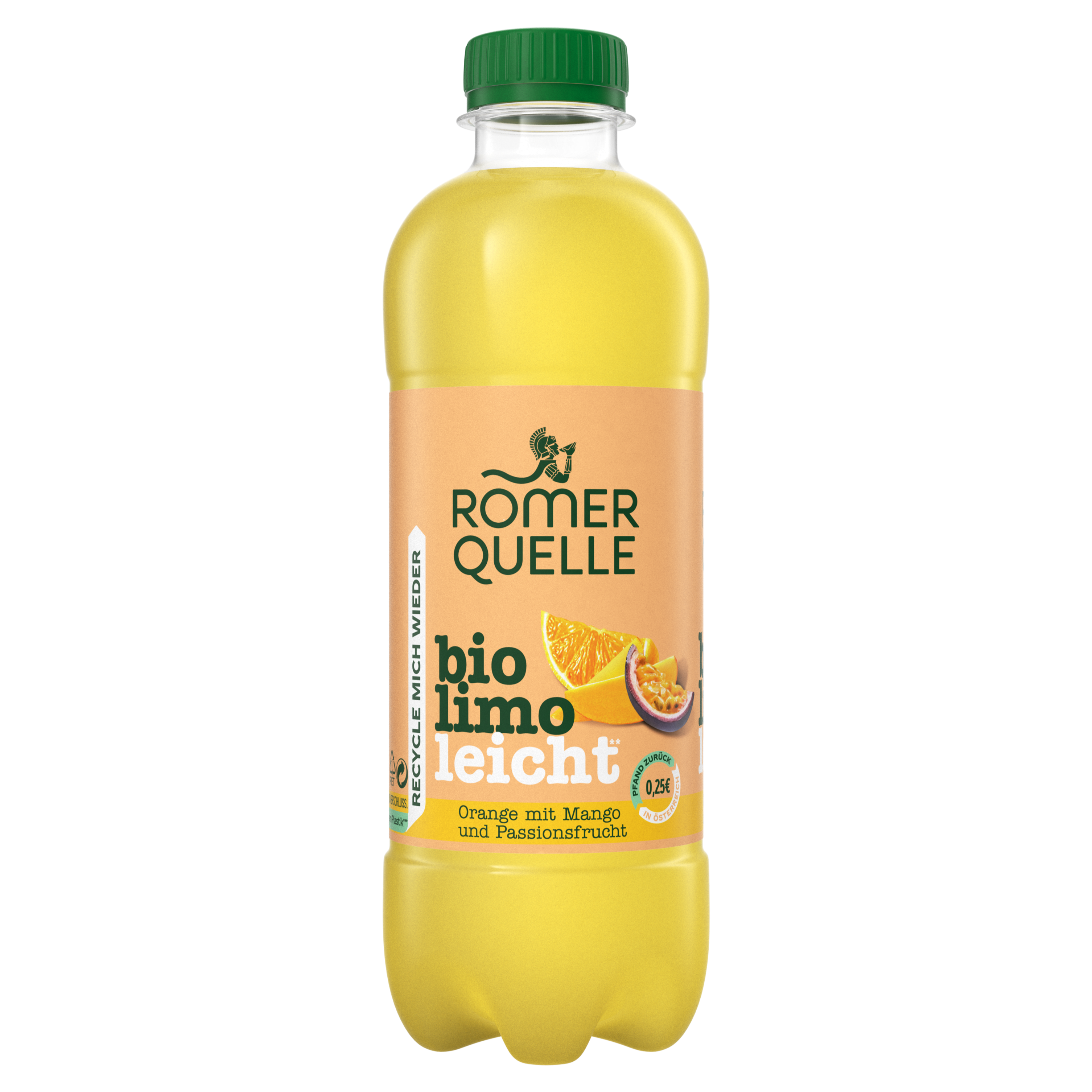 Eine Flasche Römerquelle bio limo leicht Orange Mango Passionsfrucht