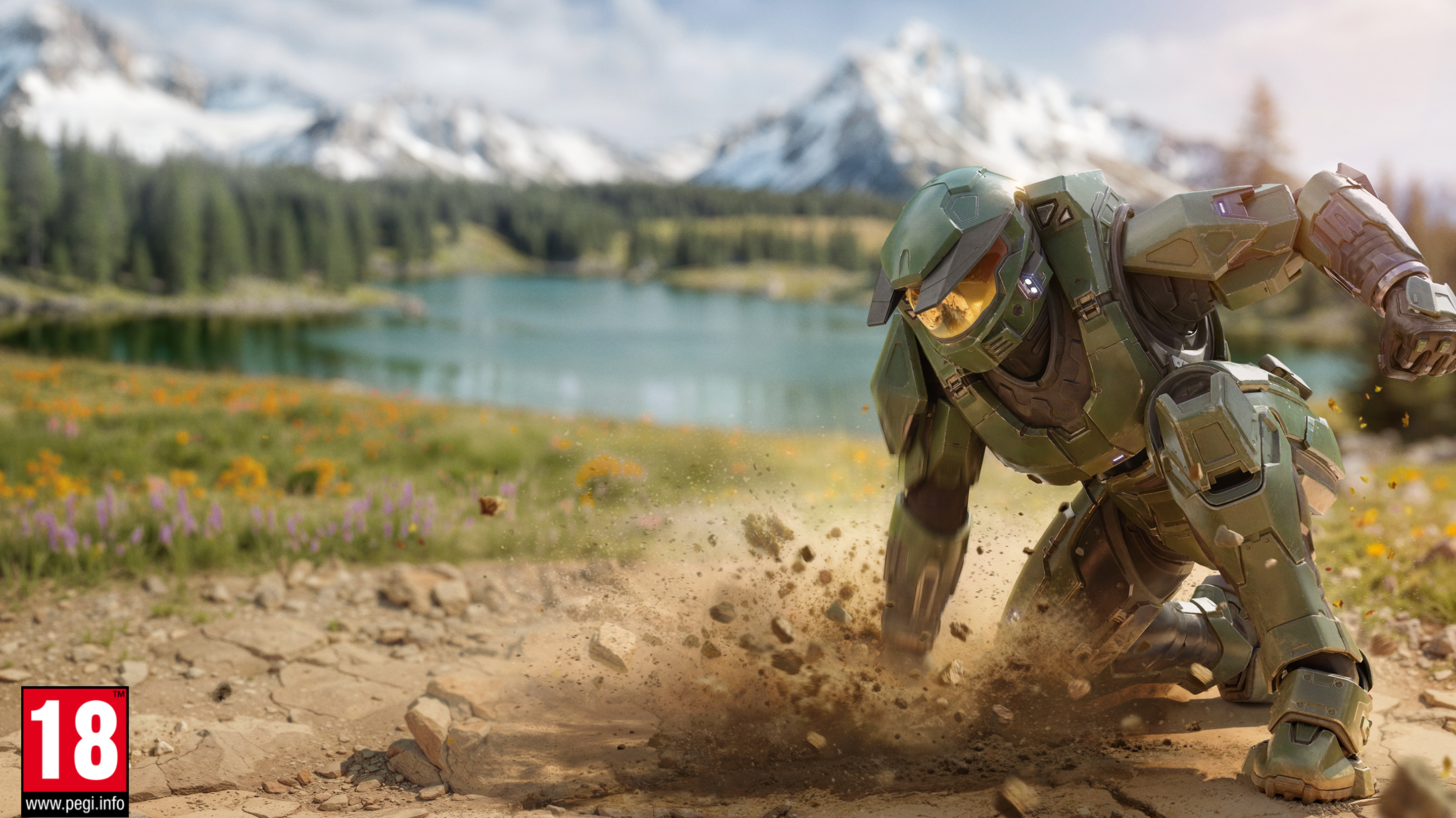 Eine Figur aus der „Halo“-Kampagne schleicht sich in der Abenddämmerung heimlich in eine Basis ein