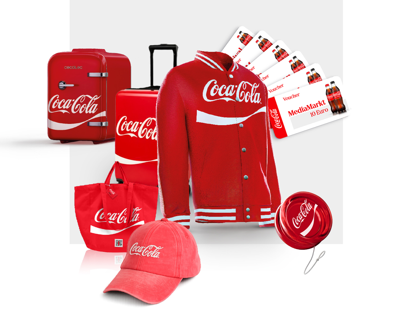 Streupreise im Coca-Cola Design: Mini-Kühlschrank, Trolley, College-Jacke, Tasche, Cap, Yo-Yo sowie MediaMarkt- und Coca-Cola Voucher.