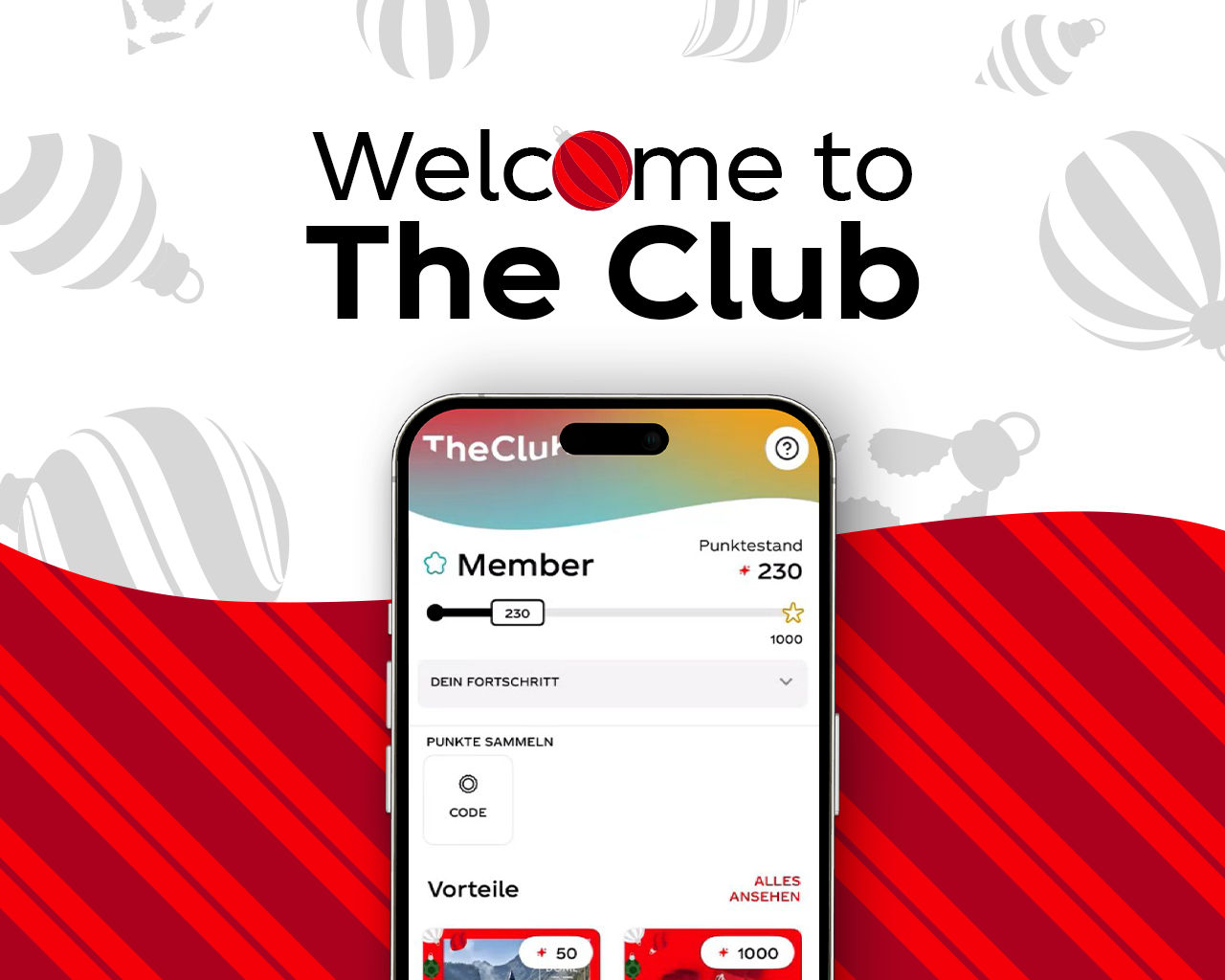 Grafik mit dem Text „Welcome to The Club“. Darunter ein Smartphone-Bildschirm mit der Coca-Cola Club App, die den Punktestand und Mitgliedsstatus eines Users zeigt. Im Hintergrund weihnachtliche Ornamente in Grau und Rot.