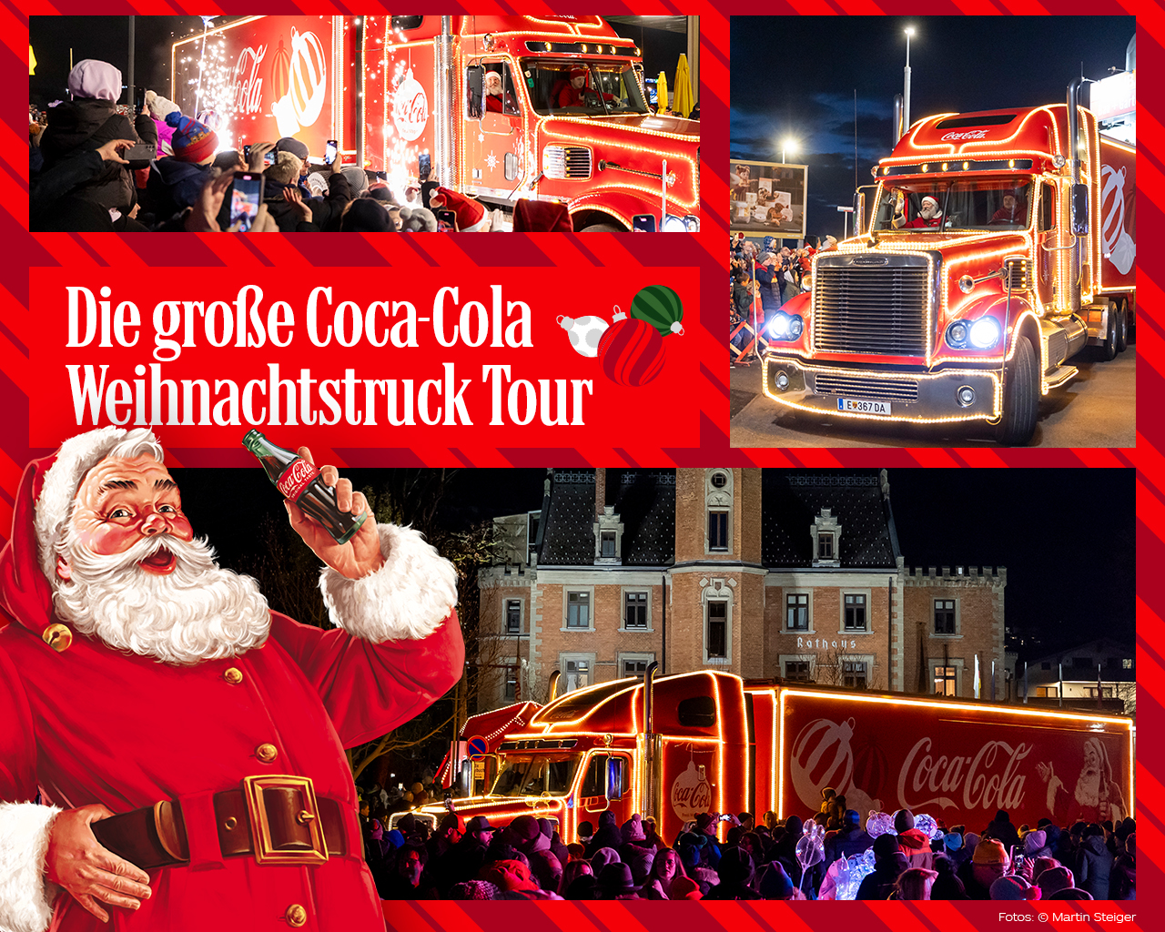 Collage der Coca-Cola Weihnachtstruck Tour: beleuchtete rote Trucks fahren durch Städte und ziehen Zuschauer an. Der Coca-Cola Weihnachtsmann hält eine Flasche hoch, daneben der Text „Die große Coca-Cola Weihnachtstruck Tour“ auf rotem Hintergrund mit weihnachtlichen Ornamenten.