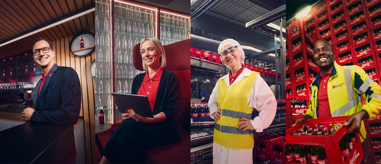 Collage mit Wolfgang Tammeger, Verena Stemmer, Daniela und Joe Chinedu in ihren Arbeitsumgebungen bei Coca-Cola