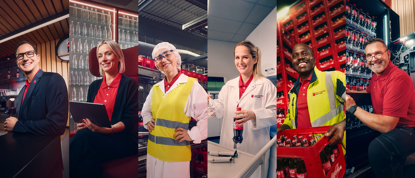 Collage mit Wolfgang Tammeger, Verena Stemmer, Daniela Horinkova, Sabina Nalesnik, Joe Chinedu und Klaus Lindauer in ihren Arbeitsumgebungen bei Coca-Cola