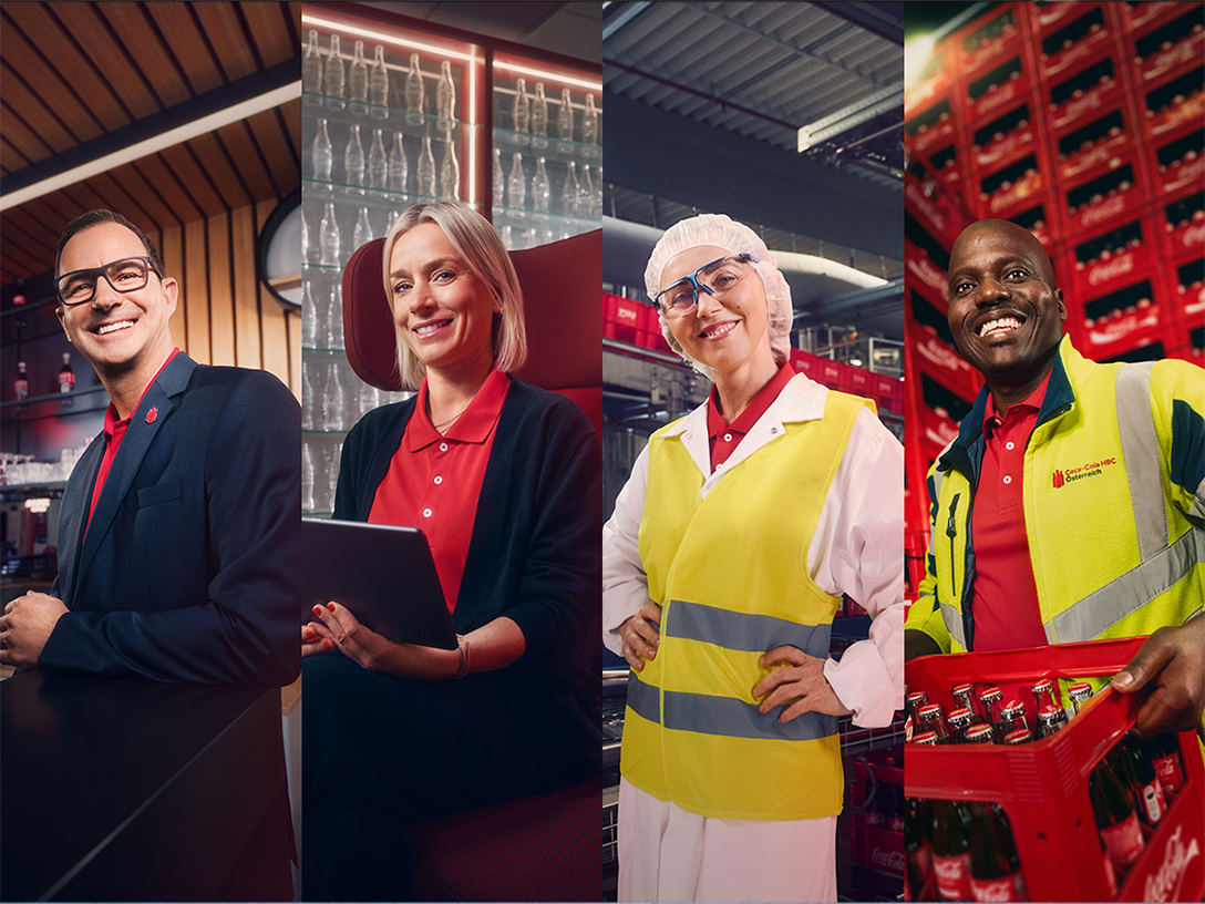 Collage mit Wolfgang Tammeger, Verena Stemmer, Daniela und Joe Chinedu in ihren Arbeitsumgebungen bei Coca-Cola