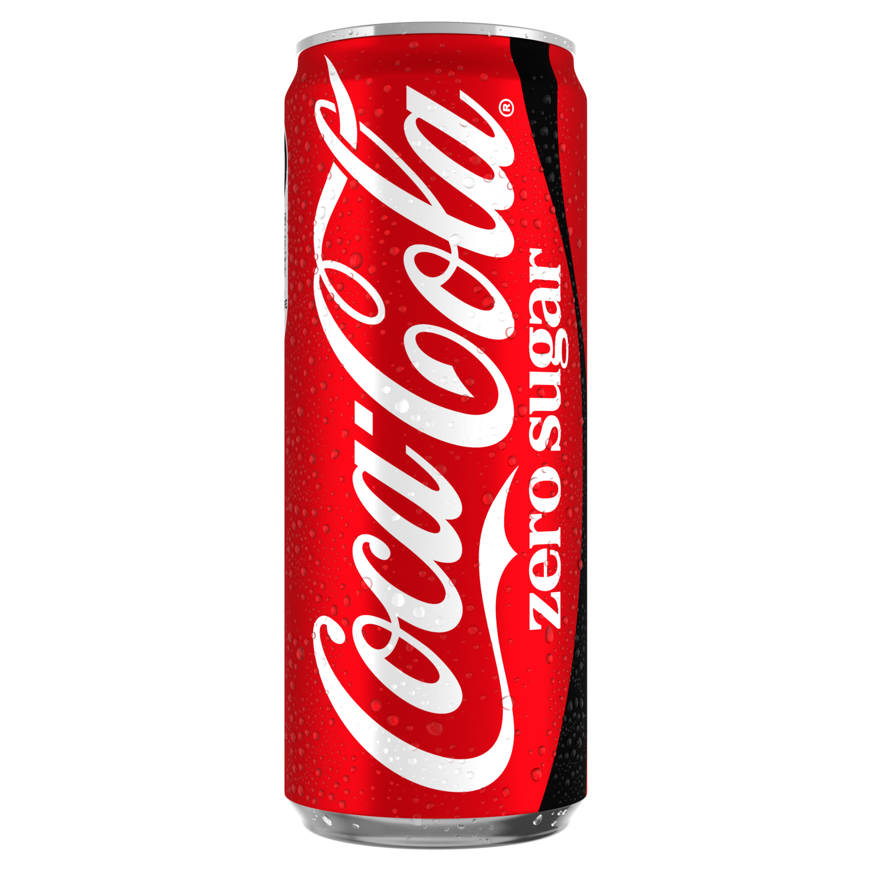Canette Coca‑Cola Zero Sugar de 330 ml au design rouge, avec le logo Coca‑Cola blanc et des accents noirs, recouverte de gouttelettes d’eau sur un fond noir.