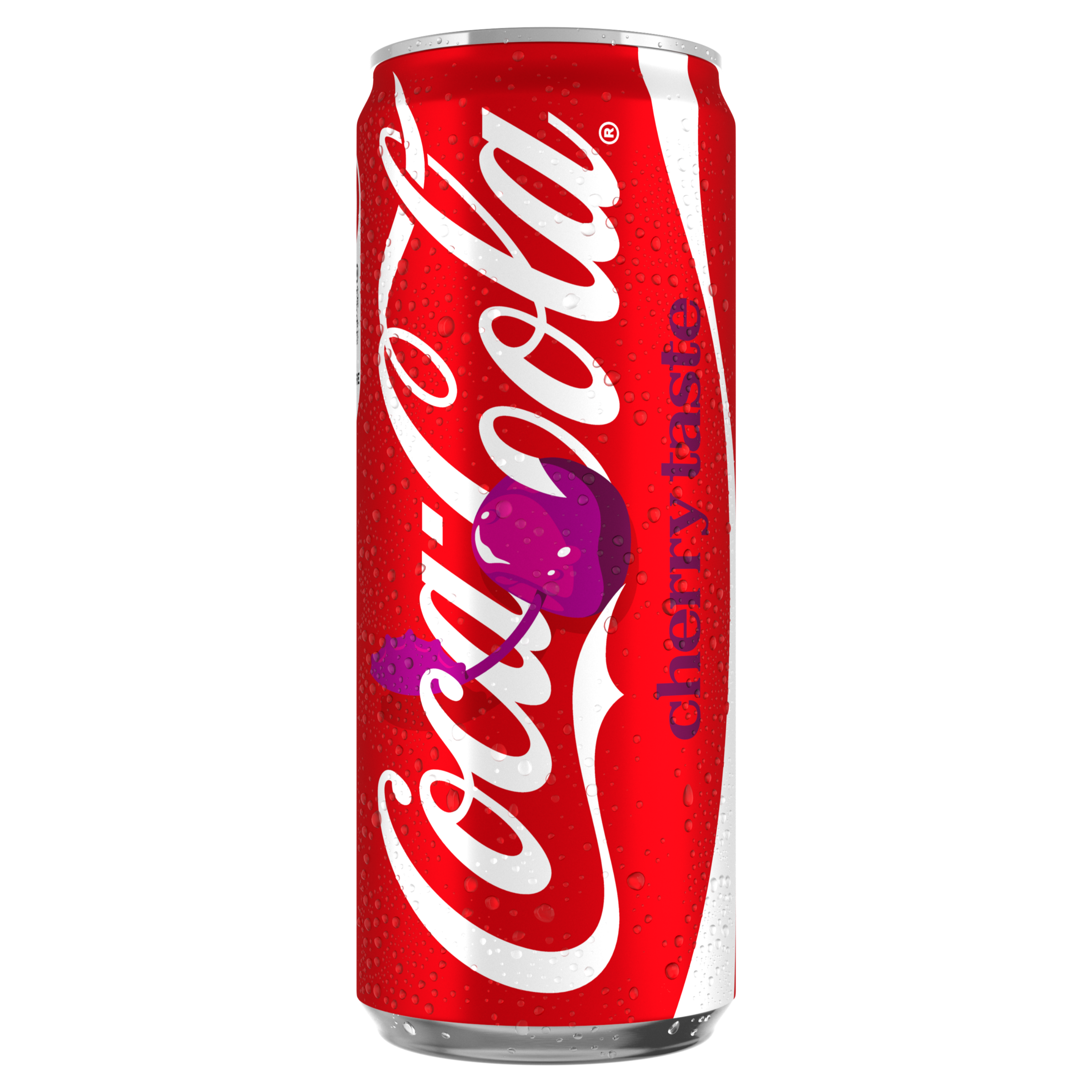 Canette rouge de Coca‑Cola Cherry Taste avec le logo Coca‑Cola blanc et une illustration d’une cerise violette, représentée debout sur un fond noir, avec des gouttelettes de condensation visibles sur la canette.