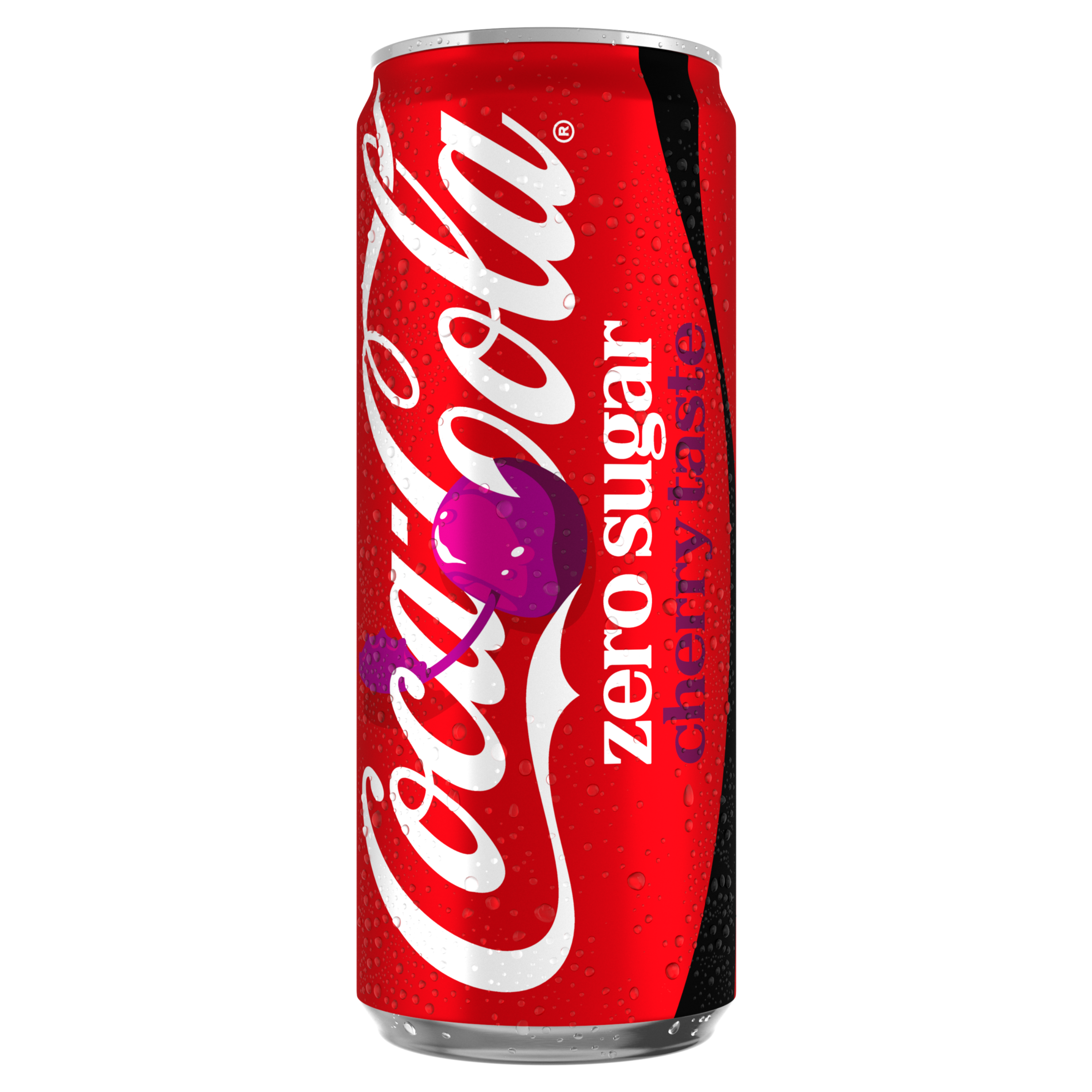 Canette rouge de Coca‑Cola Zero Sugar Cherry avec le logo Coca‑Cola blanc, des accents noirs et une illustration d’une cerise violette, représentée debout sur un fond noir, avec des gouttelettes de condensation visibles sur la canette.