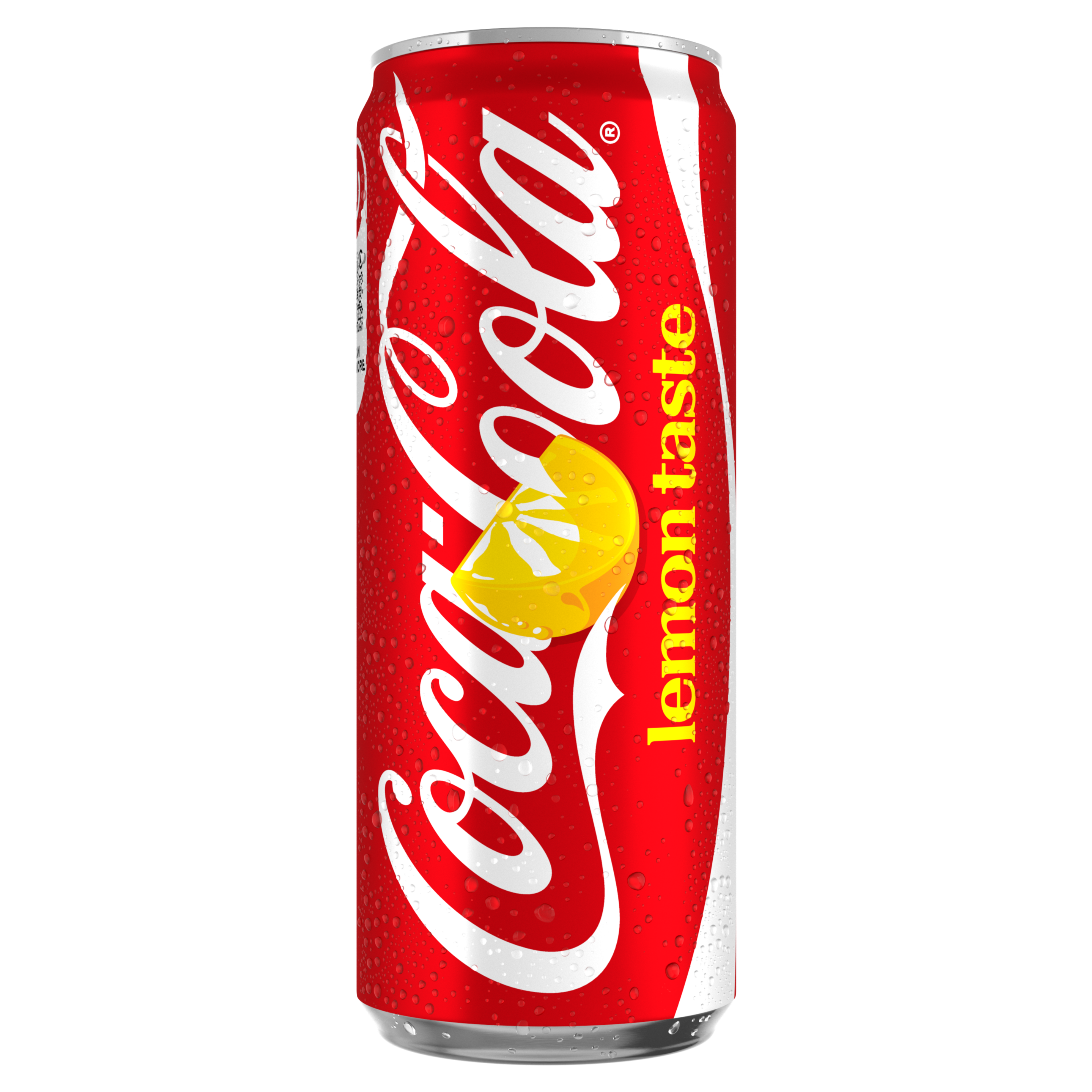 Canette rouge de Coca‑Cola Lemon Taste avec le logo Coca‑Cola blanc et une illustration d’une rondelle de citron jaune, représentée debout sur un fond noir, avec des gouttelettes de condensation visibles sur la canette.