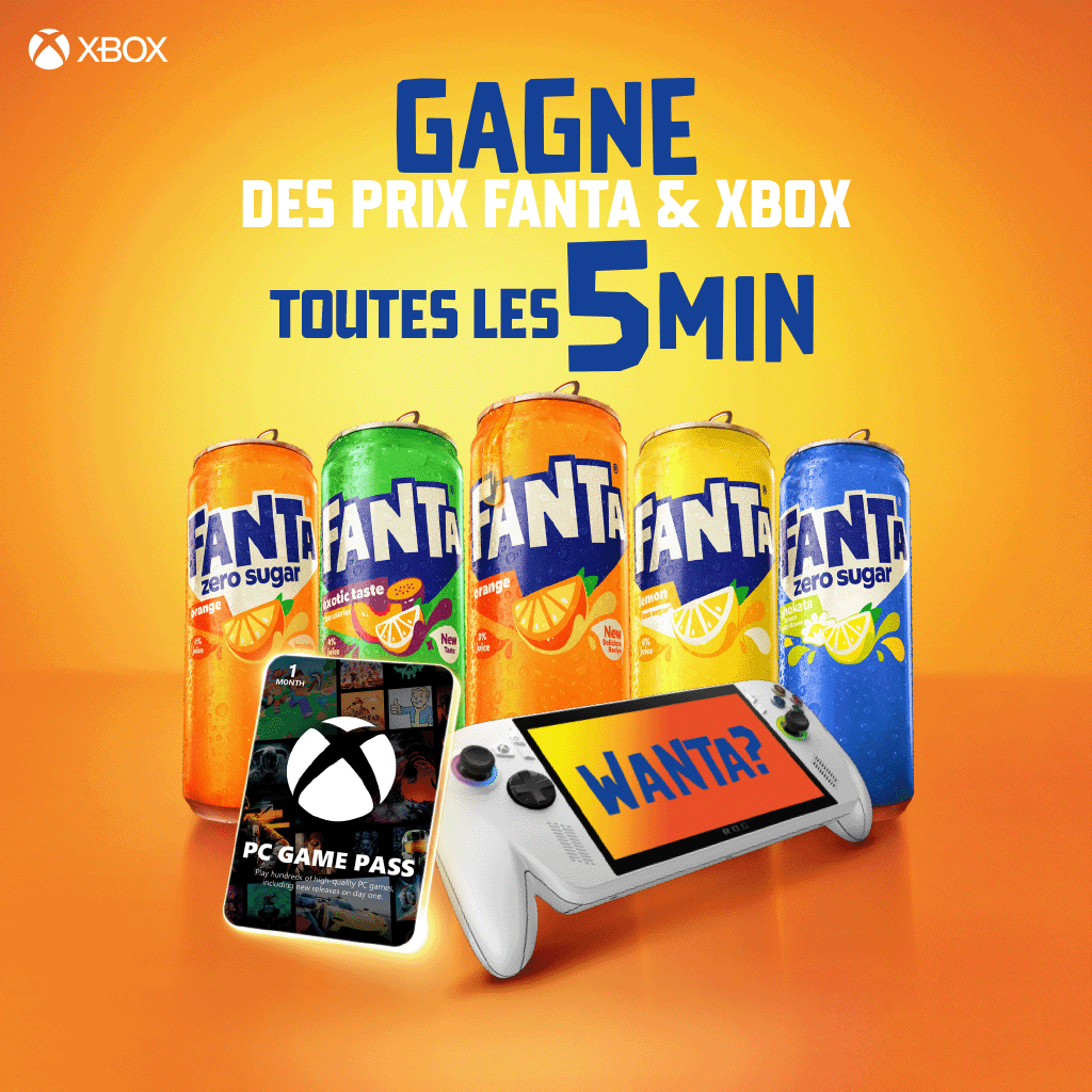 Image promotionnelle Fanta et Xbox avec le texte « Gagnez des prix Fanta & Xbox toutes les 5 minutes », montrant plusieurs canettes de Fanta, un abonnement PC Game Pass et une console portable Xbox sur fond orange.
