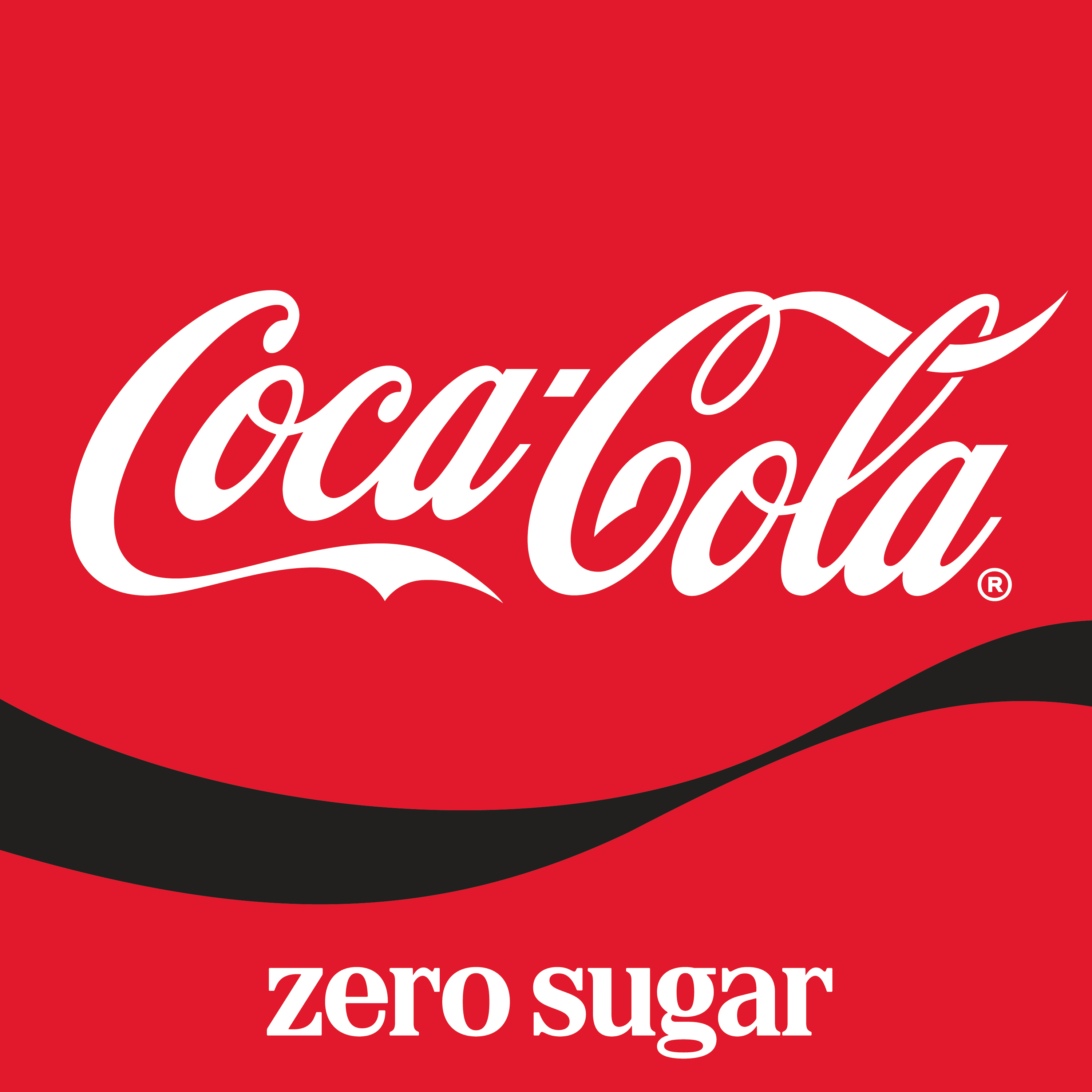 Wit Coca‑Cola logo met de tekst “zero sugar” op een rode achtergrond, met een zwarte en rode golfvorm onderaan.