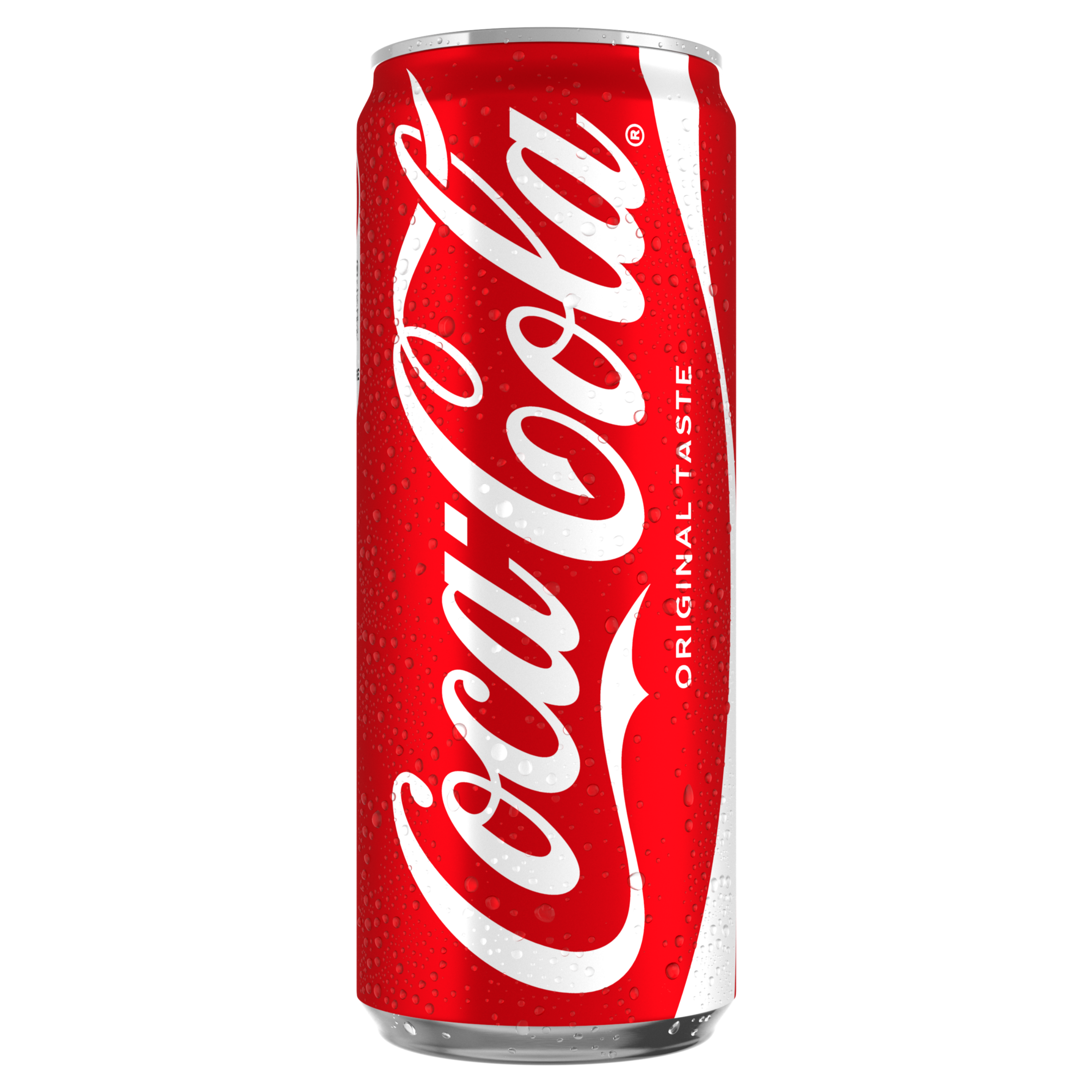 Rode Coca‑Cola Original Taste frisdrankblikje met wit Coca‑Cola logo, afgebeeld rechtop tegen een zwarte achtergrond, met zichtbare condensdruppels op het blik.