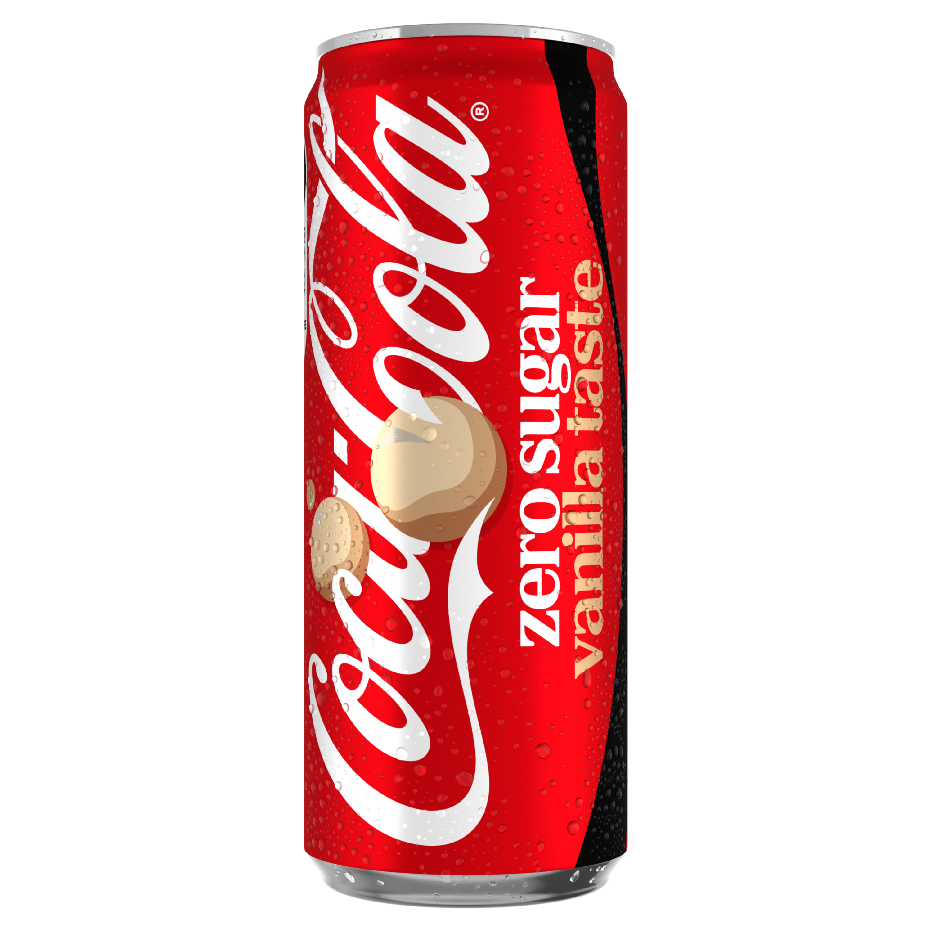 Rode Coca‑Cola Zero Sugar Vanilla Taste frisdrankblikje met wit Coca‑Cola logo, zwarte accenten en afbeelding van vanillebloemen, rechtop afgebeeld tegen een zwarte achtergrond, met zichtbare condensdruppels op het blik.