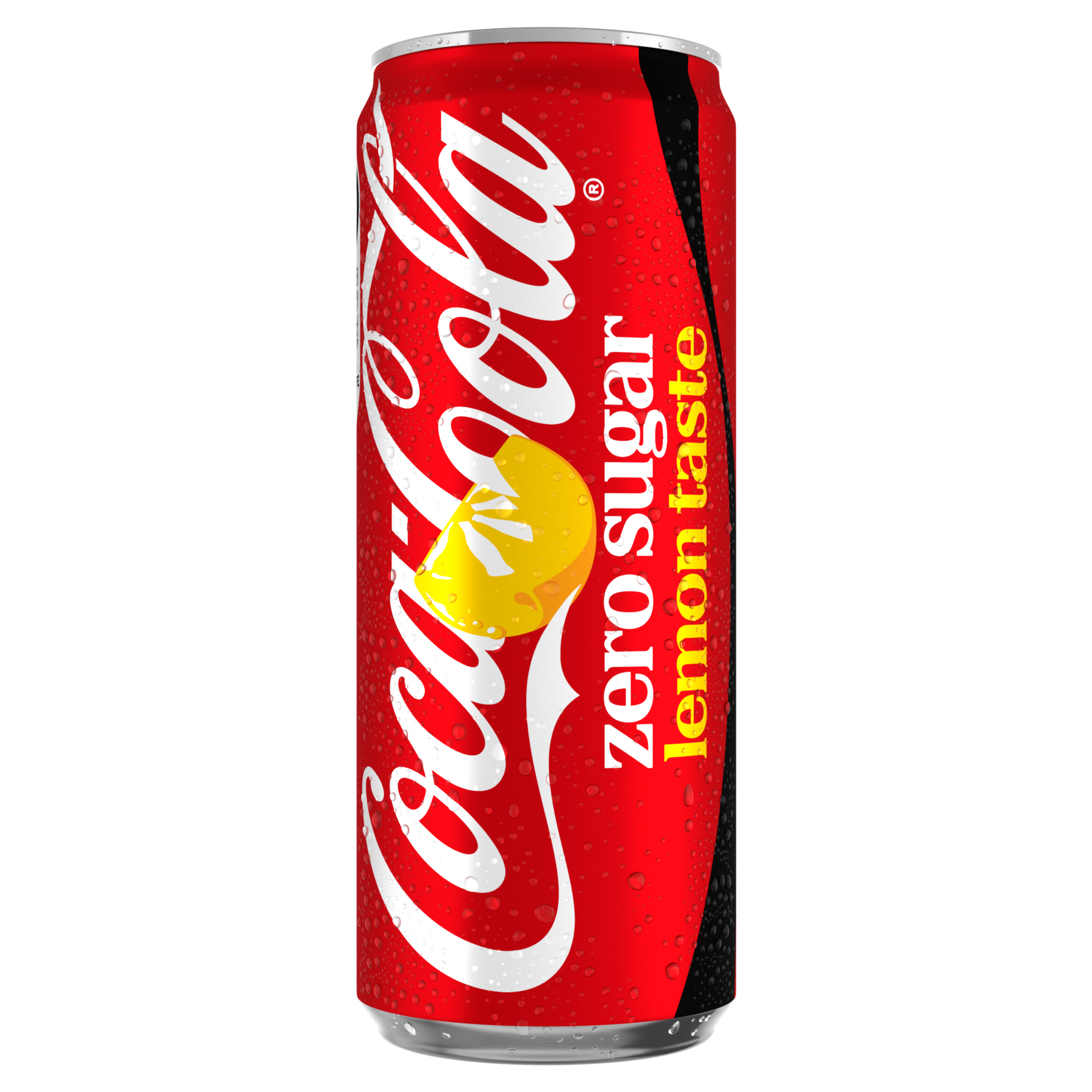 Rode Coca‑Cola Zero Sugar Lemon Taste frisdrankblikje met wit Coca‑Cola logo, zwarte accenten en afbeelding van een gele citroenschijf, rechtop afgebeeld tegen een zwarte achtergrond, met zichtbare condensdruppels op het blik.
