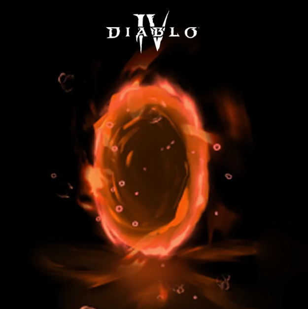 Een oplichtend oranje portaal tegen een zwarte achtergrond, onder een Diablo IV‑logo.