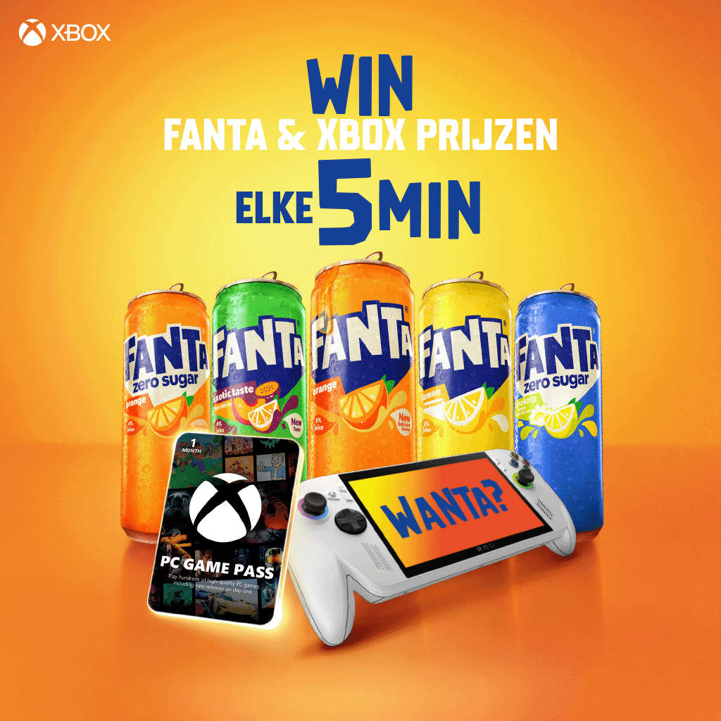 Fanta- en Xbox-promotie met Fanta-blikjes en gamingprijzen op oranje achtergrond.
