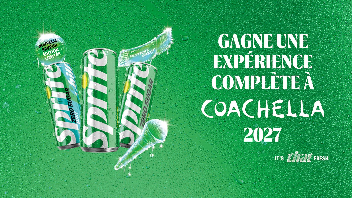 Affiche promotionnelle Sprite verte annonçant un concours pour gagner une expérience complète à Coachella 2027.