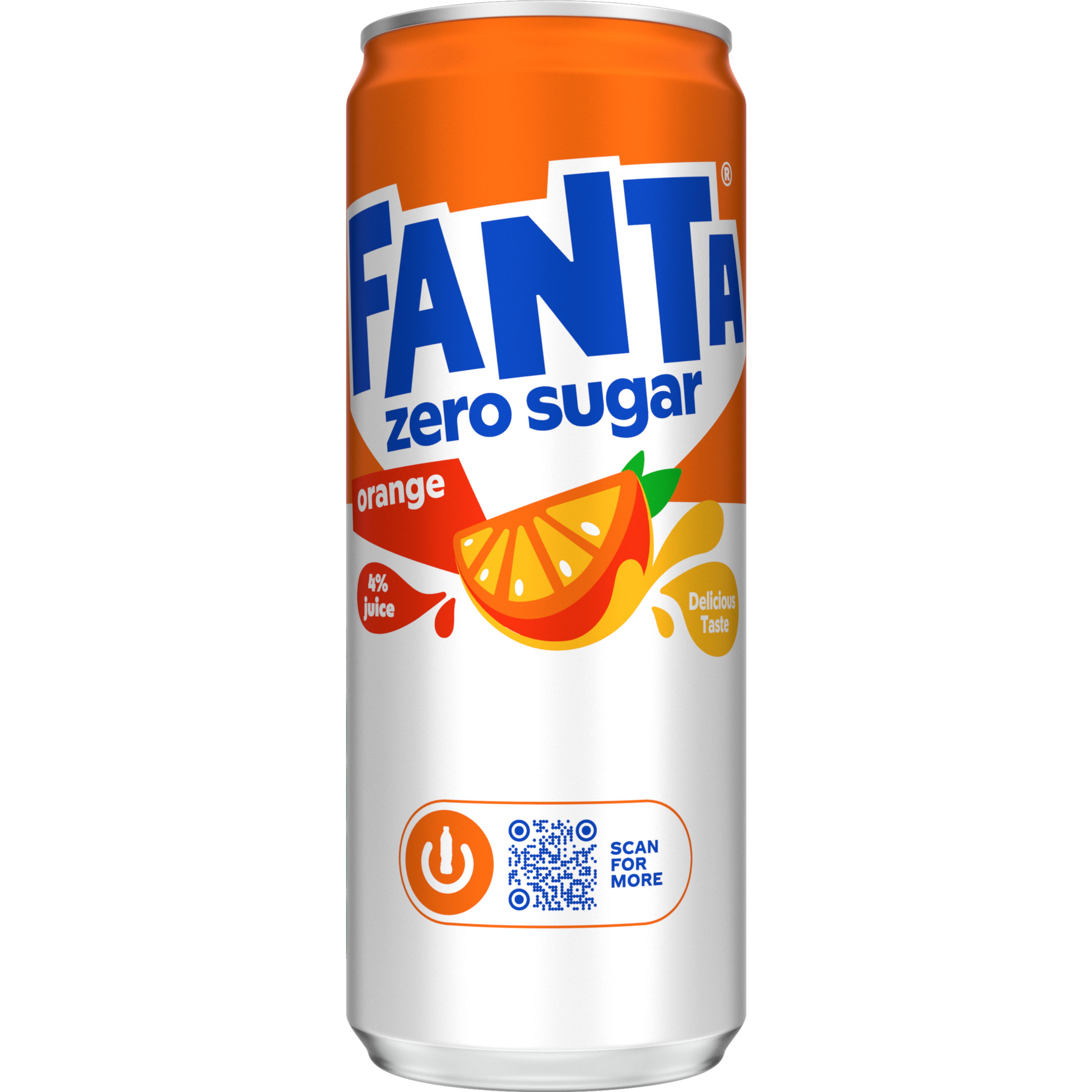 Afbeelding van een fel oranje blikje Fanta Orange Zero Sugar, met een illustratie van een sinaasappelschijf. De merknaam staat in grote witte en blauwe letters, en “zero sugar” is in het blauw vermeld.