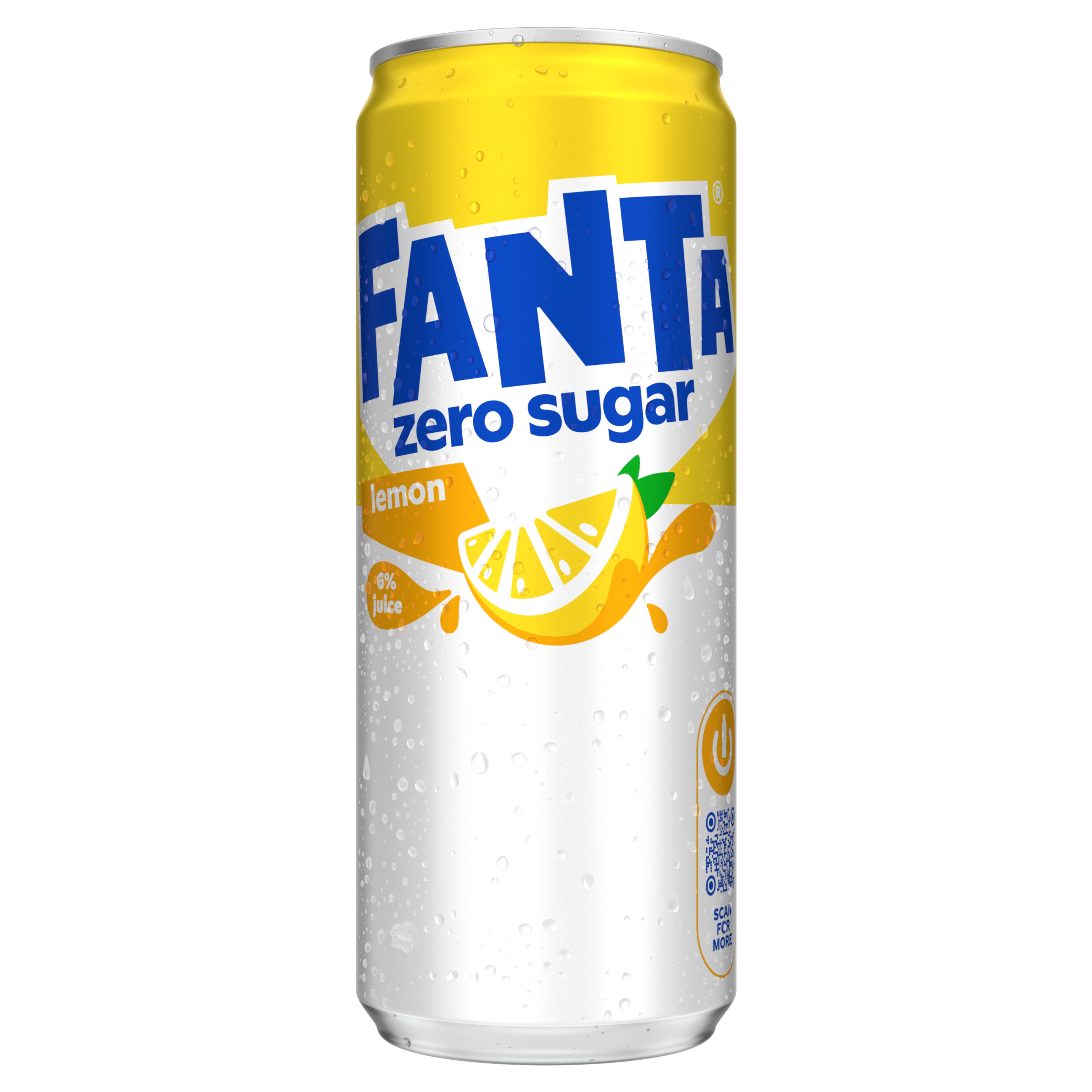 Afbeelding van een fel geel blikje Fanta Lemon Zero Sugar, met een illustratie van een citroenschijf. De merknaam staat in grote witte en blauwe letters, en “zero sugar” is in blauw vermeld.