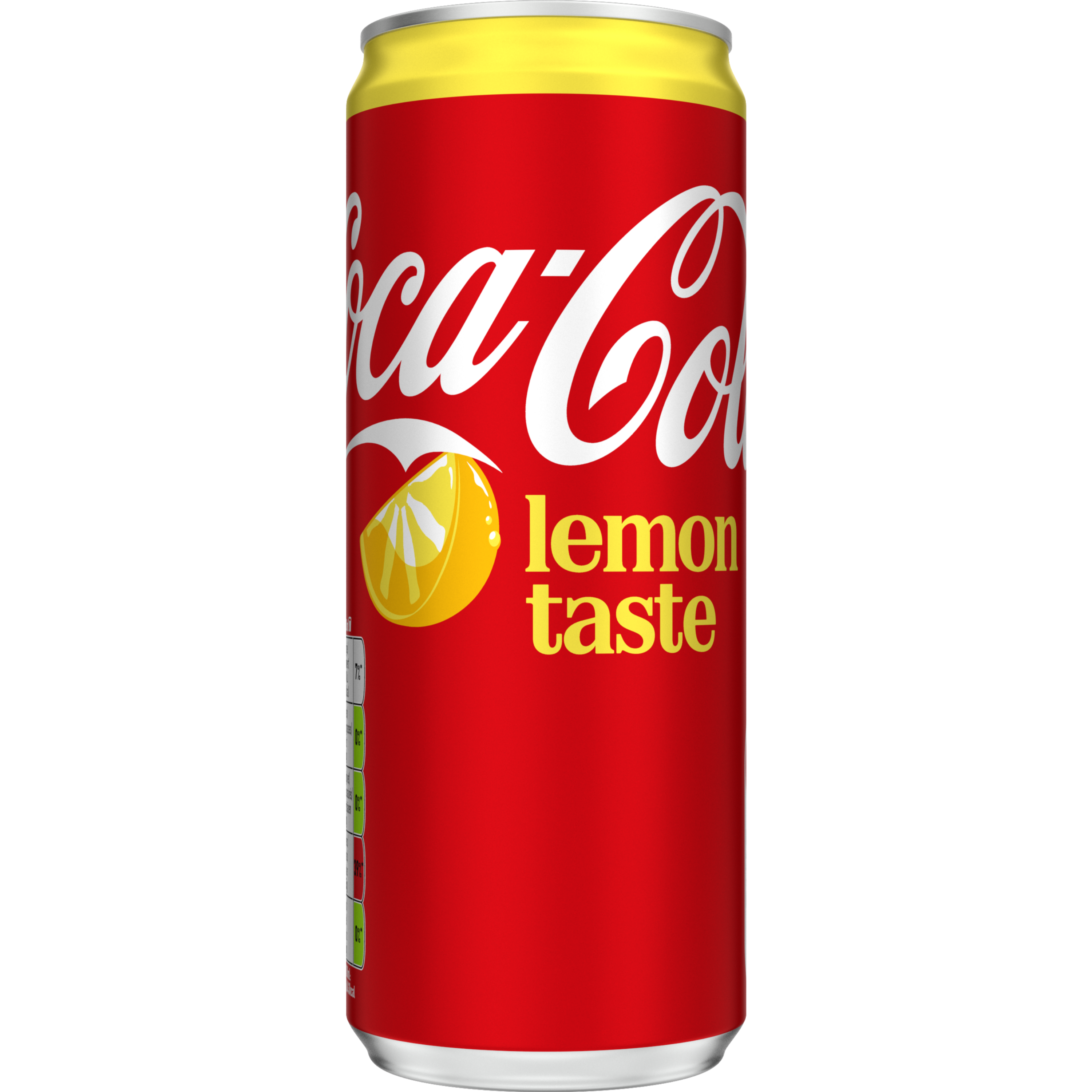 Afbeelding van een tweekleurig Coca-Cola-blik met geel bovenaan en rood onderaan. Het zwarte logo “Coca-Cola” staat erop, met bovenaan de tekst “Lemon”, in het midden “Zero Sugar” en onderaan de woorden “No Calories”.