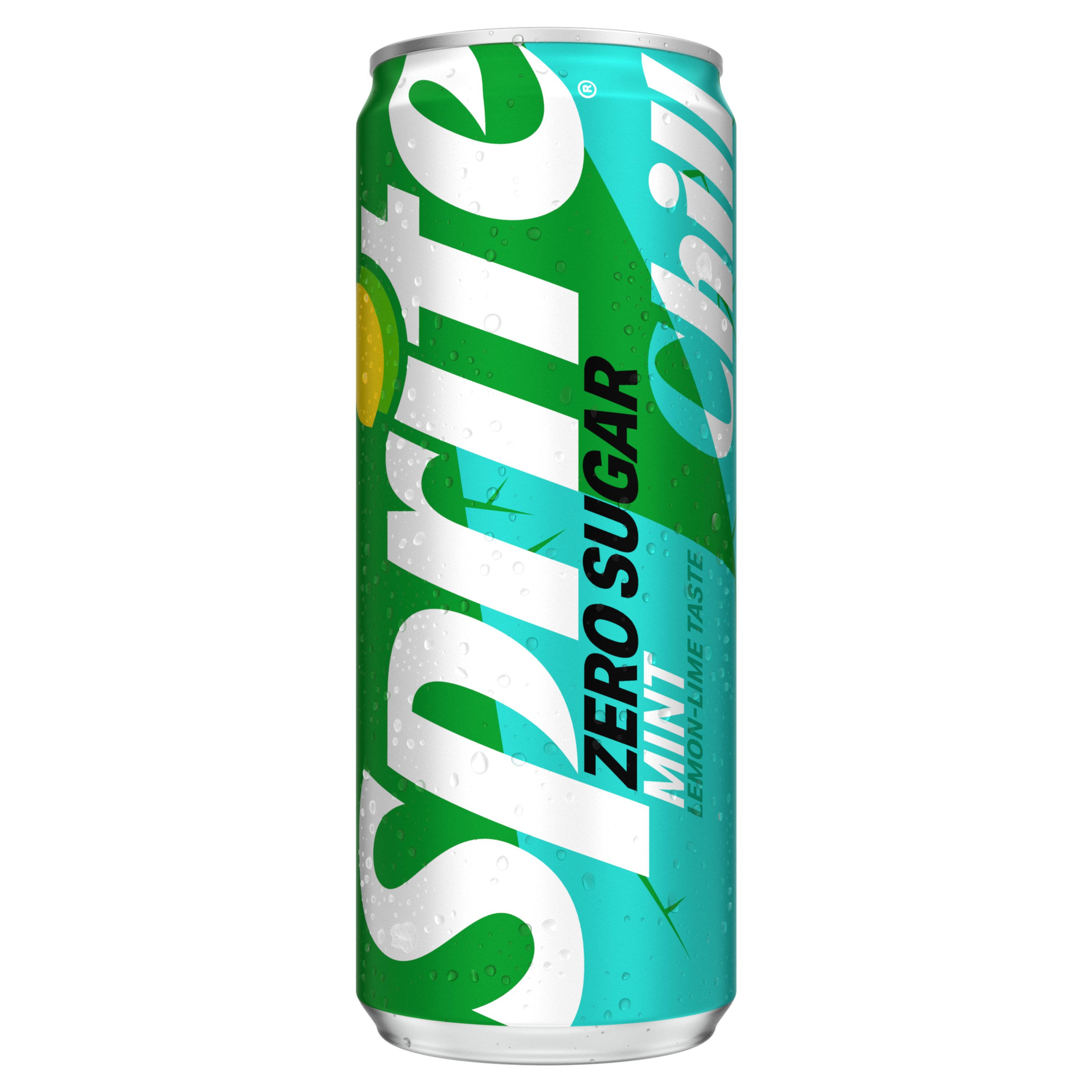 Groen blikje Sprite smaak « Lemon-Lime » met in witte letters « Sprite », en onderaan gele tekst: “LEMON-LIME NATURAL FLAVOURS”. Kleine waterdruppels bedekken het oppervlak.