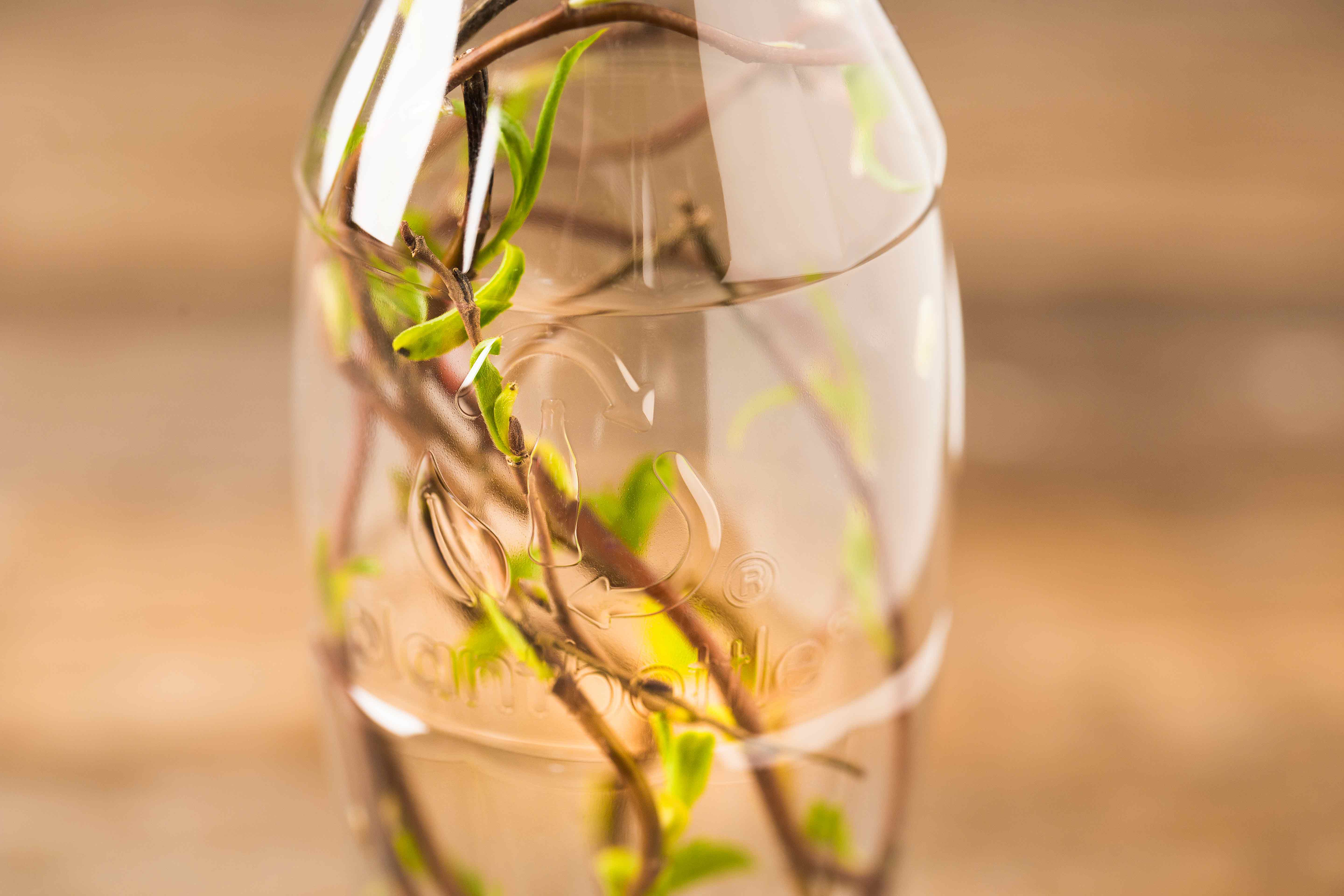 Botella transparente, con un logo de reciclaje