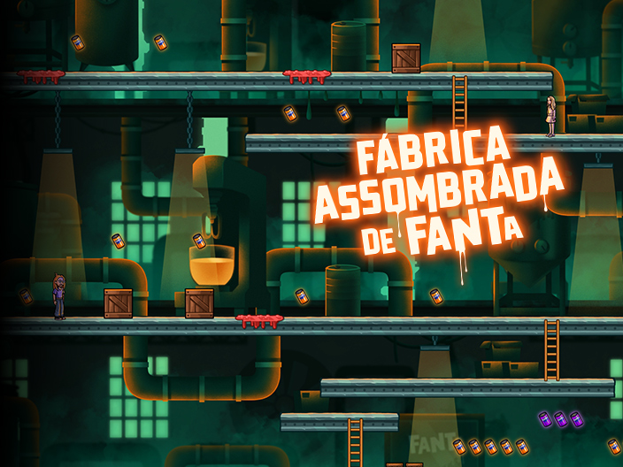 Logotipo azul da Fanta com efeito de gotejamento sobre um fundo laranja-avermelhado, com silhuetas de mãos escuras alcançando-o por baixo.