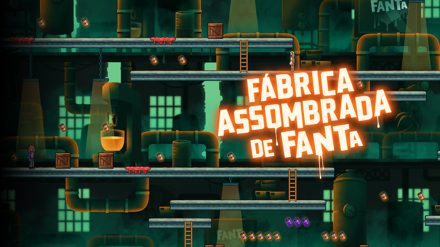 Logotipo azul da Fanta com efeito de gotejamento sobre um fundo laranja-avermelhado, com silhuetas de mãos escuras alcançando-o por baixo.