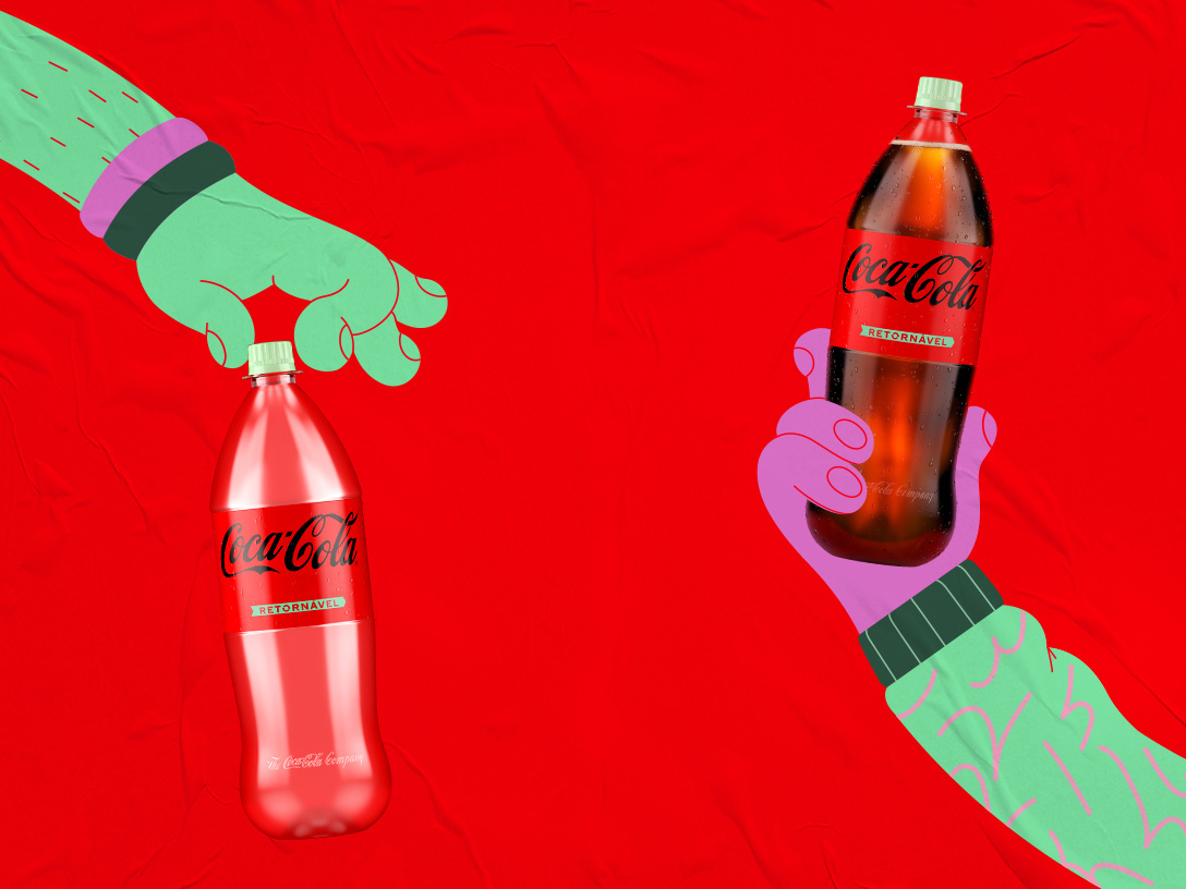 Imagem de fundo vermelho, com ilustração de 2 mãos coloridas segurando garrafas retornáveis ​​de Coca-Cola