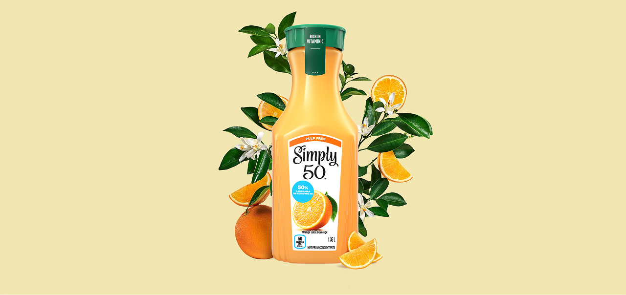 Simply 50 50% less sugar than the leading orange juice