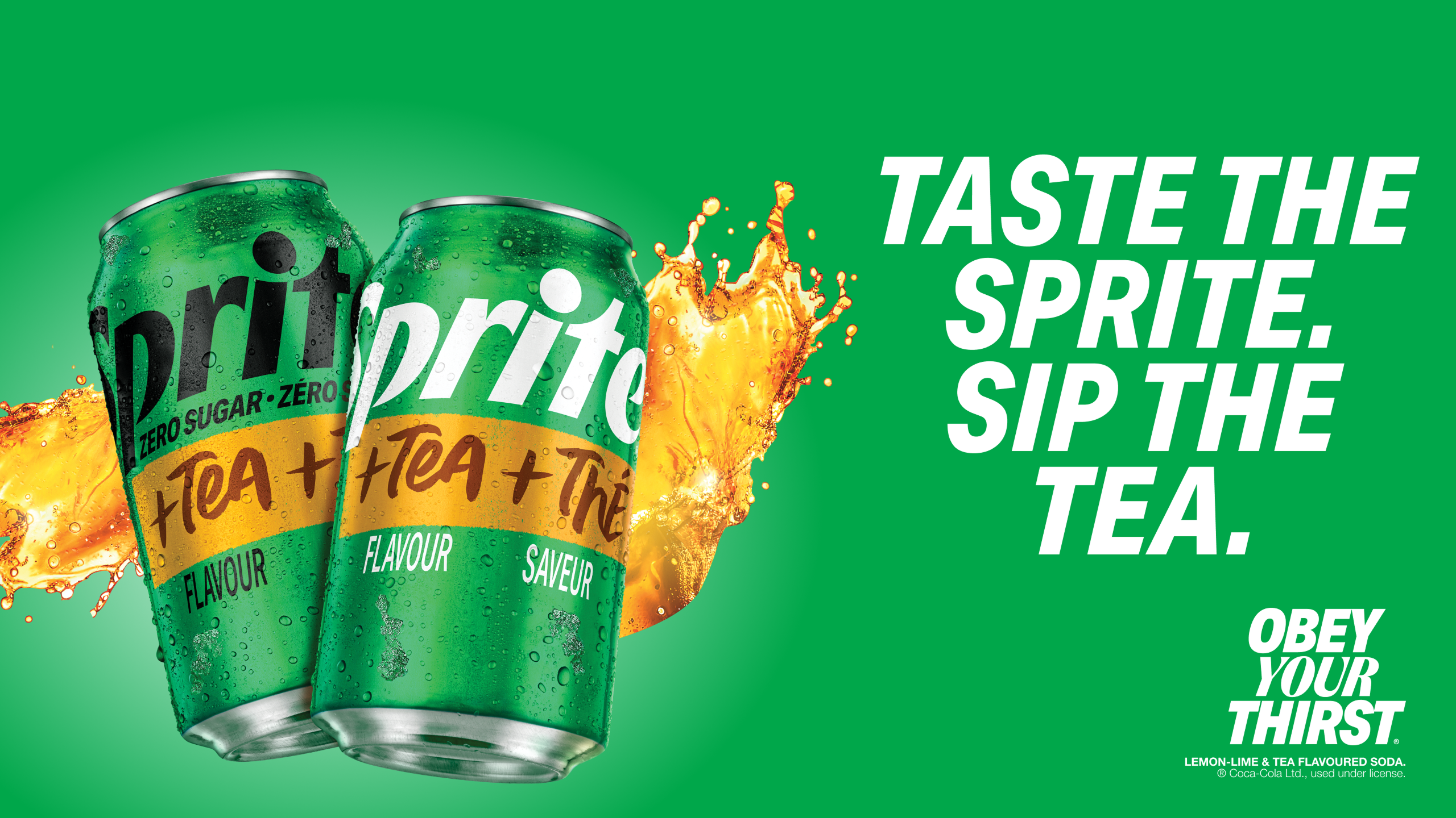 Two cans of Sprite + Tea flavour splashing against a green background for the Taste the Sprite promo banner.