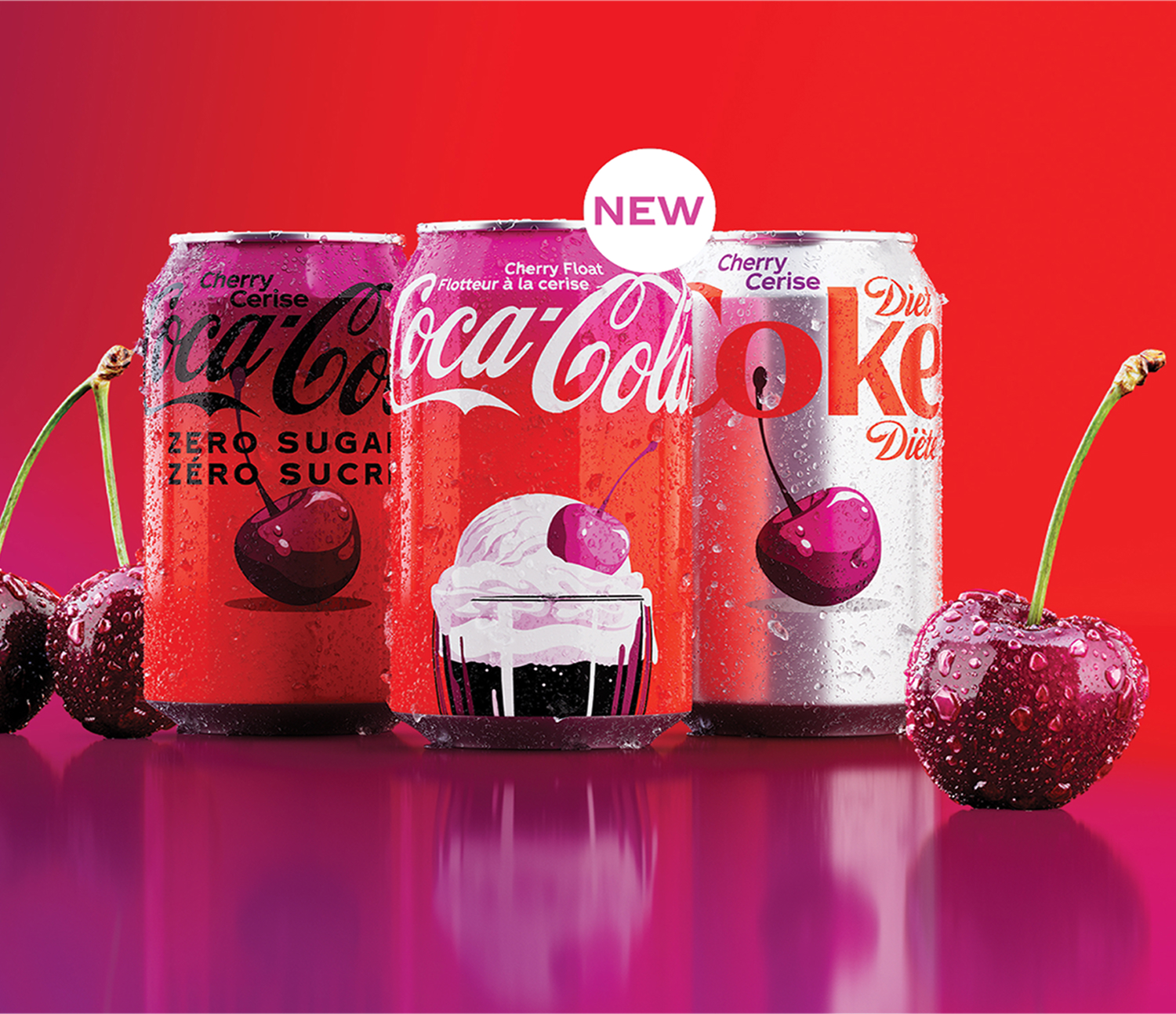 Cherry Coca-Cola, Cherry Float and Diet Coke Cherry cans with fresh cherries on a pink and red background