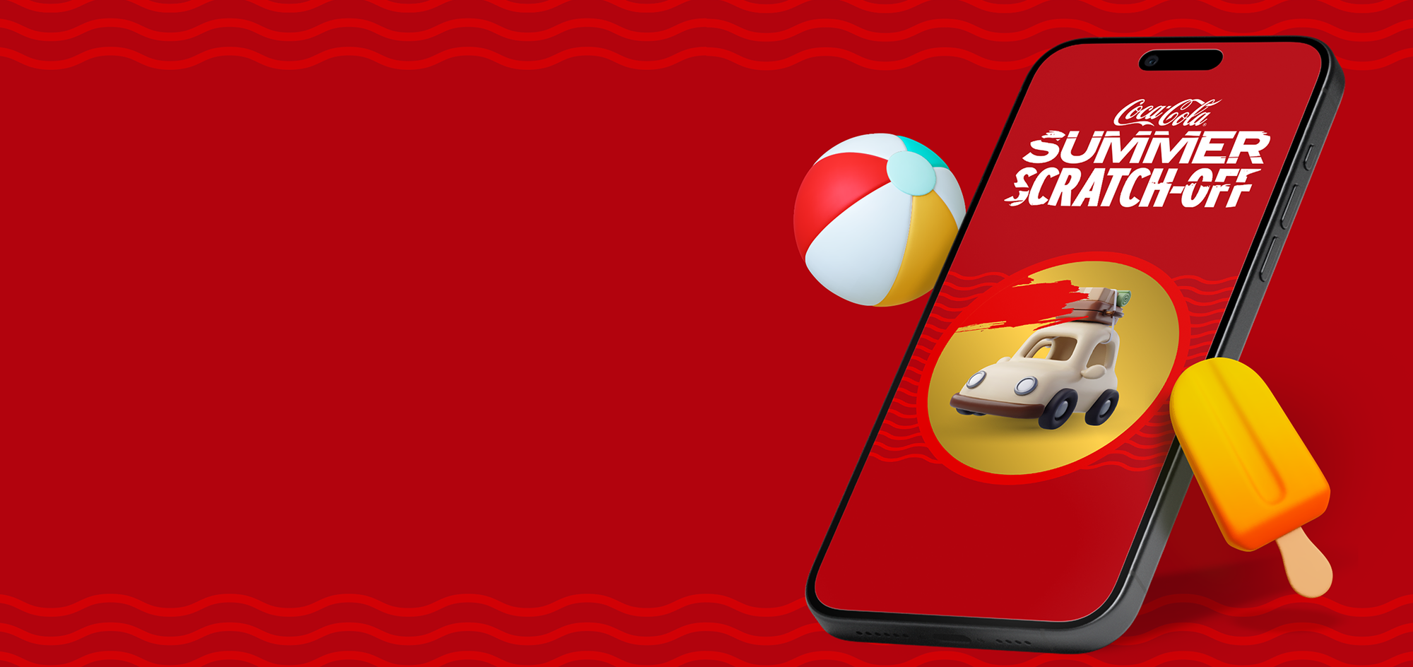 A smartphone showing the Coca-Cola Summer Scratch-Off promo, surrounded by a 3D beach ball, toy car, and popsicle.