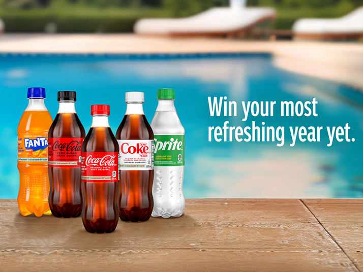 Fanta, Coca‑Cola, Coca‑Cola Zero Sugar, Diet Coke and Sprite bottles on poolside deck with Win your most refreshing year yet text.