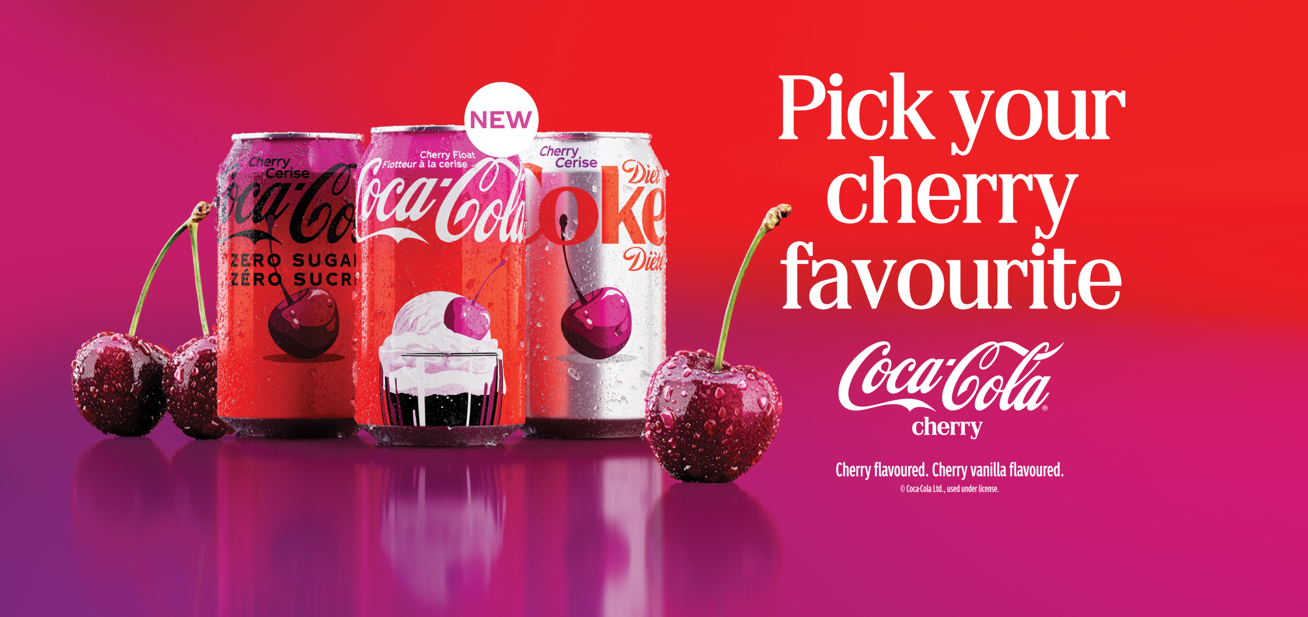Three Coca-Cola Cherry cans — Cherry Zero Sugar, Cherry Float, and Diet Coke Cherry — with fresh cherries on a red-to-pink gradient background and text reading "Pick your cherry favourite."