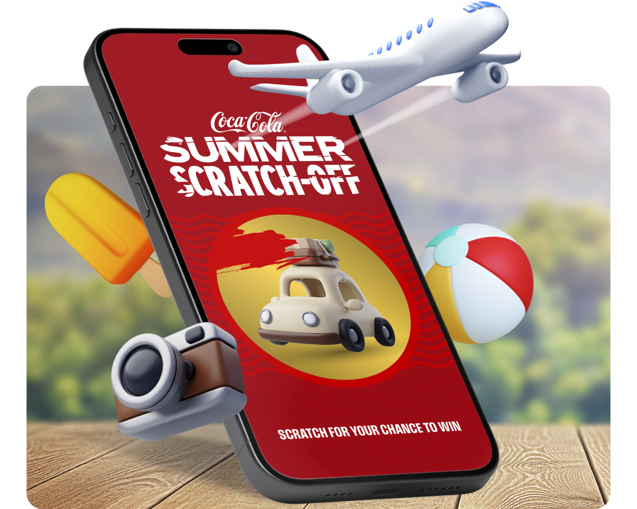 A smartphone showing the Summer Scratch-Off game, surrounded by 3D icons of summer prizes like a camera, car, and airplane.