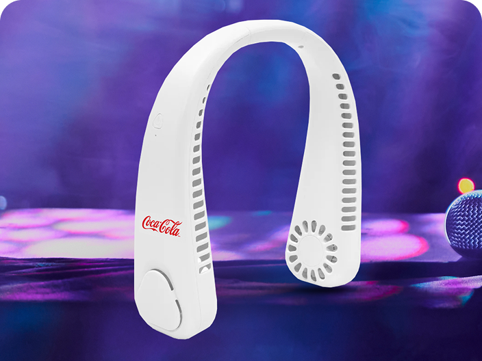 A white, hands-free neck fan with a small Coca-Cola logo, a prize for staying cool from the Festive Moments contest.