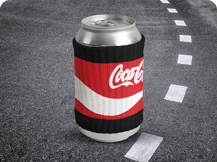 A black and red knit can koozie with the Coca-Cola dynamic ribbon, a prize to win in the Road Trip contest pool.