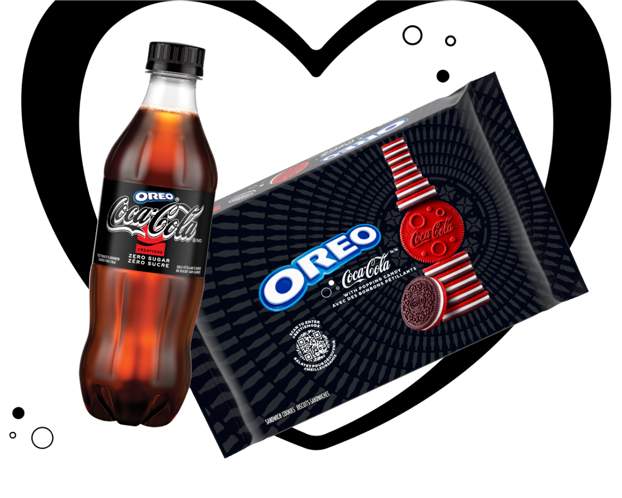 A bottle of Coca-Cola OREO Zero Sugar with a sleeve of OREOs with Coca-Cola popping candy circumscribed by a black heart