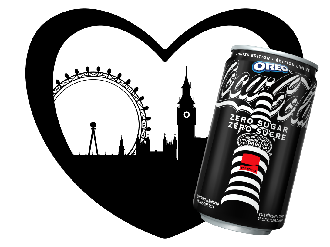 Silhouettes of London landmarks pictured inside a black heart next to a can of Coca‑Cola® OREO™ Zero Sugar Limited Edition