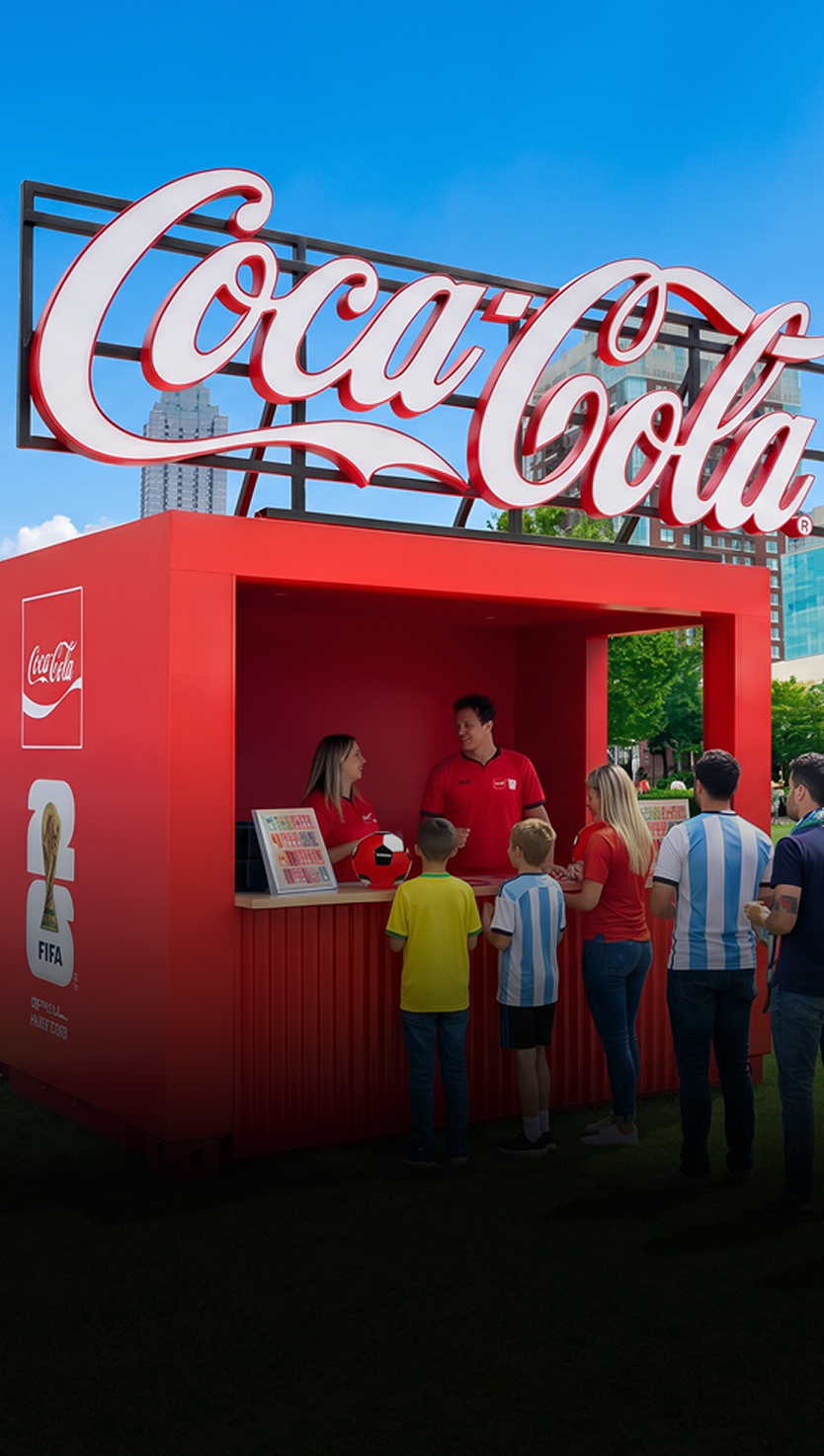 Outdoor Coca-Cola Fan Zone kiosk with staff serving guests from bright red booth beneath large Coca-Cola sign in city park setting.