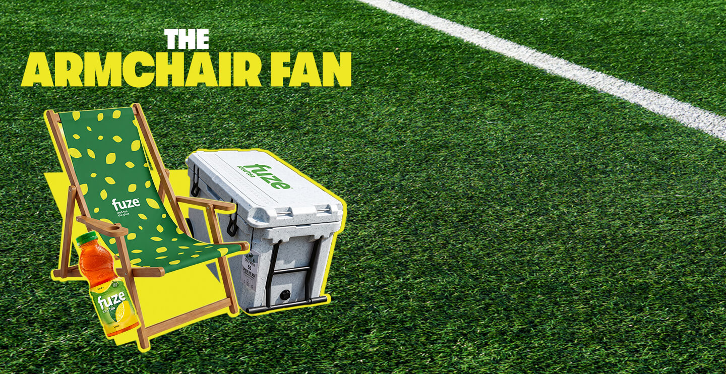 FUZE iced tea Armchair Fan prize with green deck chair and branded cooler on soccer field for FIFA Every Fan promotion.