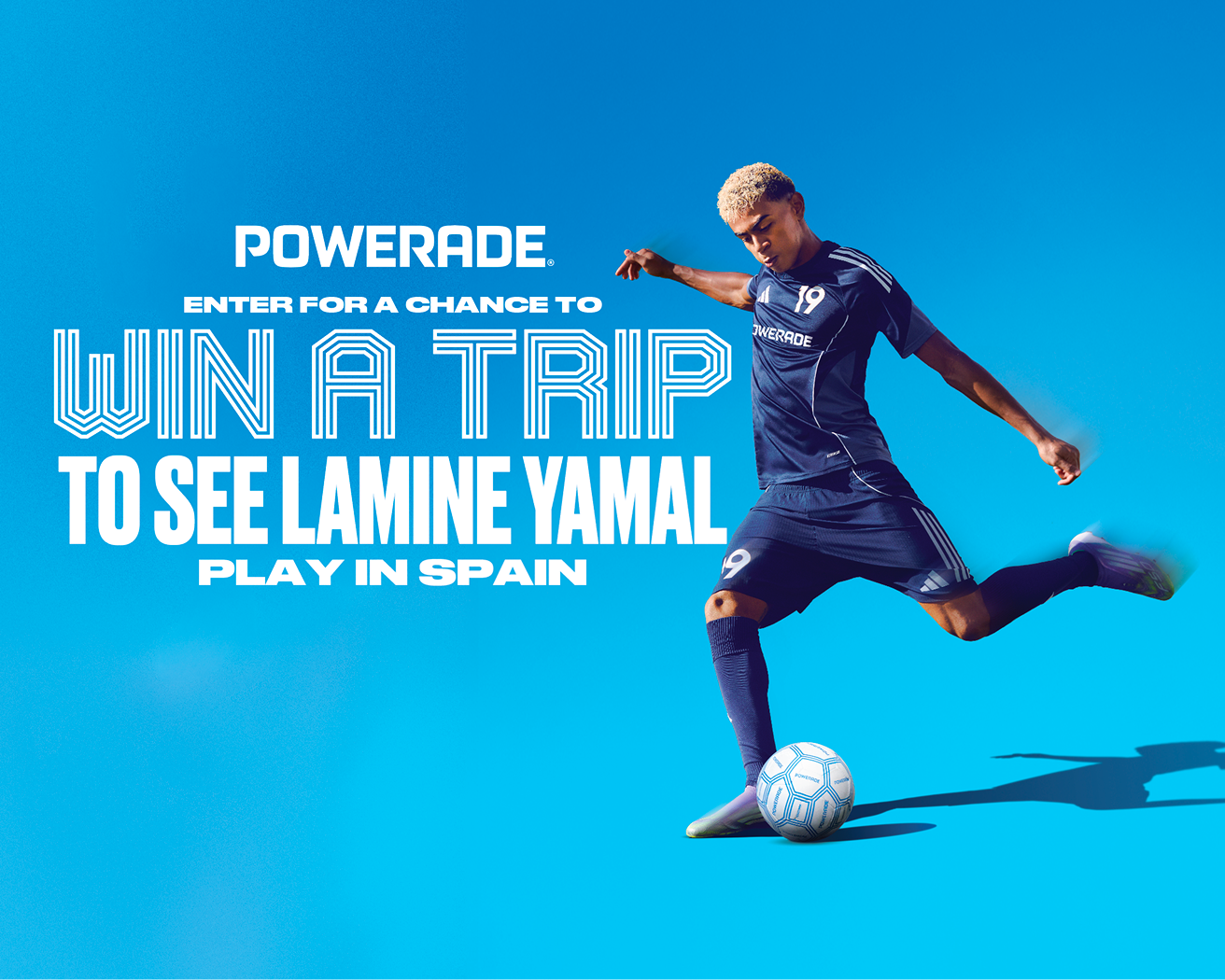 Powerade House of Legends sweepstakes banner featuring soccer player in navy kit kicking ball with win a trip headline on blue background.