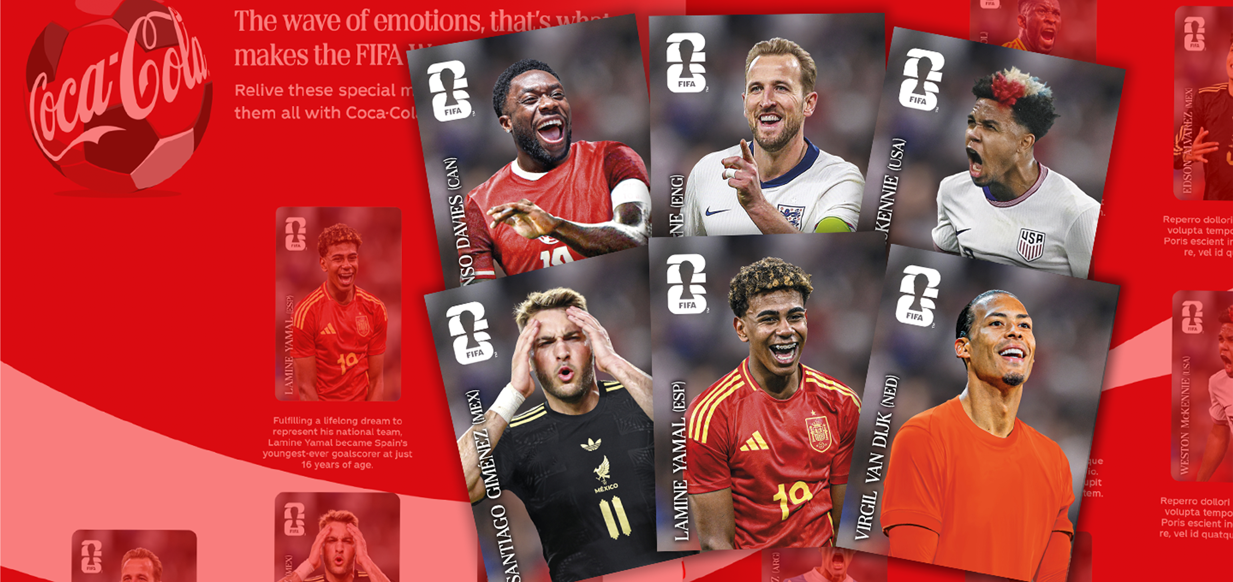 Gros plan sur quatre cartes de joueurs Panini FIFA différentes mettant en vedette Lamine Yamal, Harry Kane, Joshua Kimmich et Lautaro Martínez