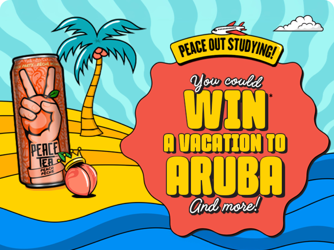 A can of Peach Peace Tea on a beach for the Peace Out Studying promotion to win a vacation to Aruba.