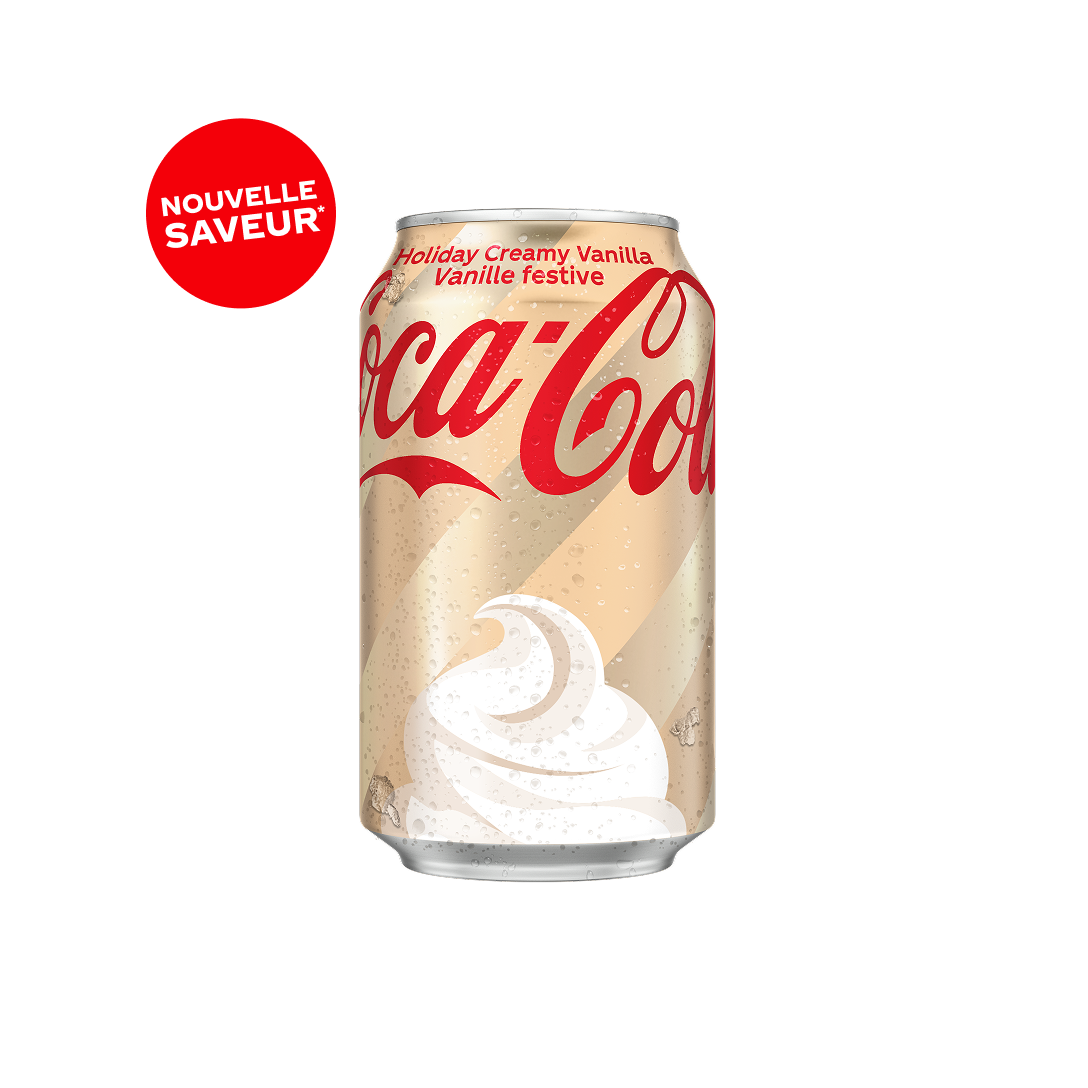 Canette de Coca-Cola Vanille festive avec arrière-plan de couleur crème, logo Coca-Cola rouge et imprimé de crème fouettée