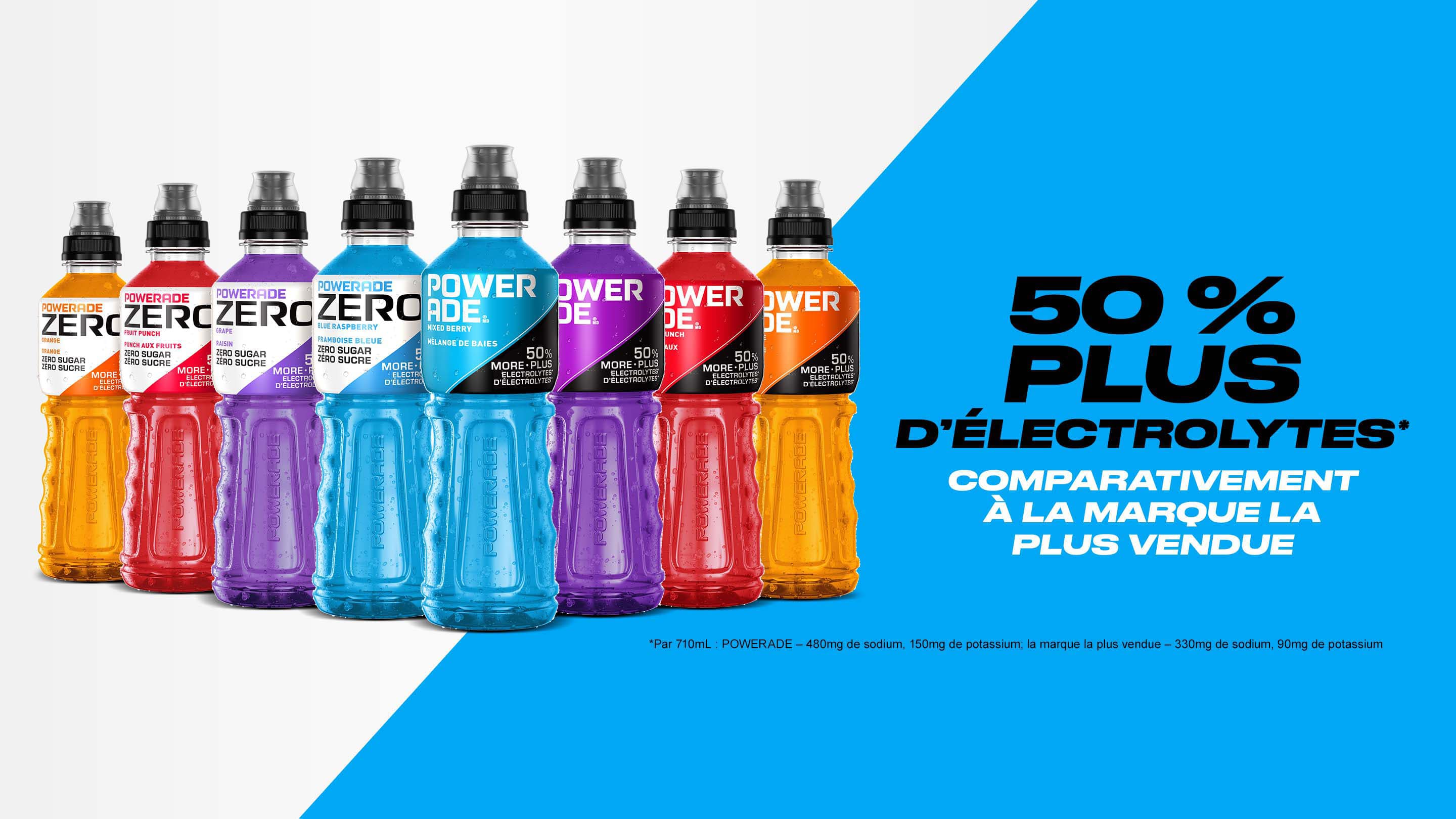 POWERADE. 50 % plus d'électrolytes* comparativement à la marque la plus vendue. *Par 710 mL : POWRADE -- 480 mg de sodium, 150 mg de potassium; la marque la plus vendue -- 330 mg de sodium, 90 mg de potassium